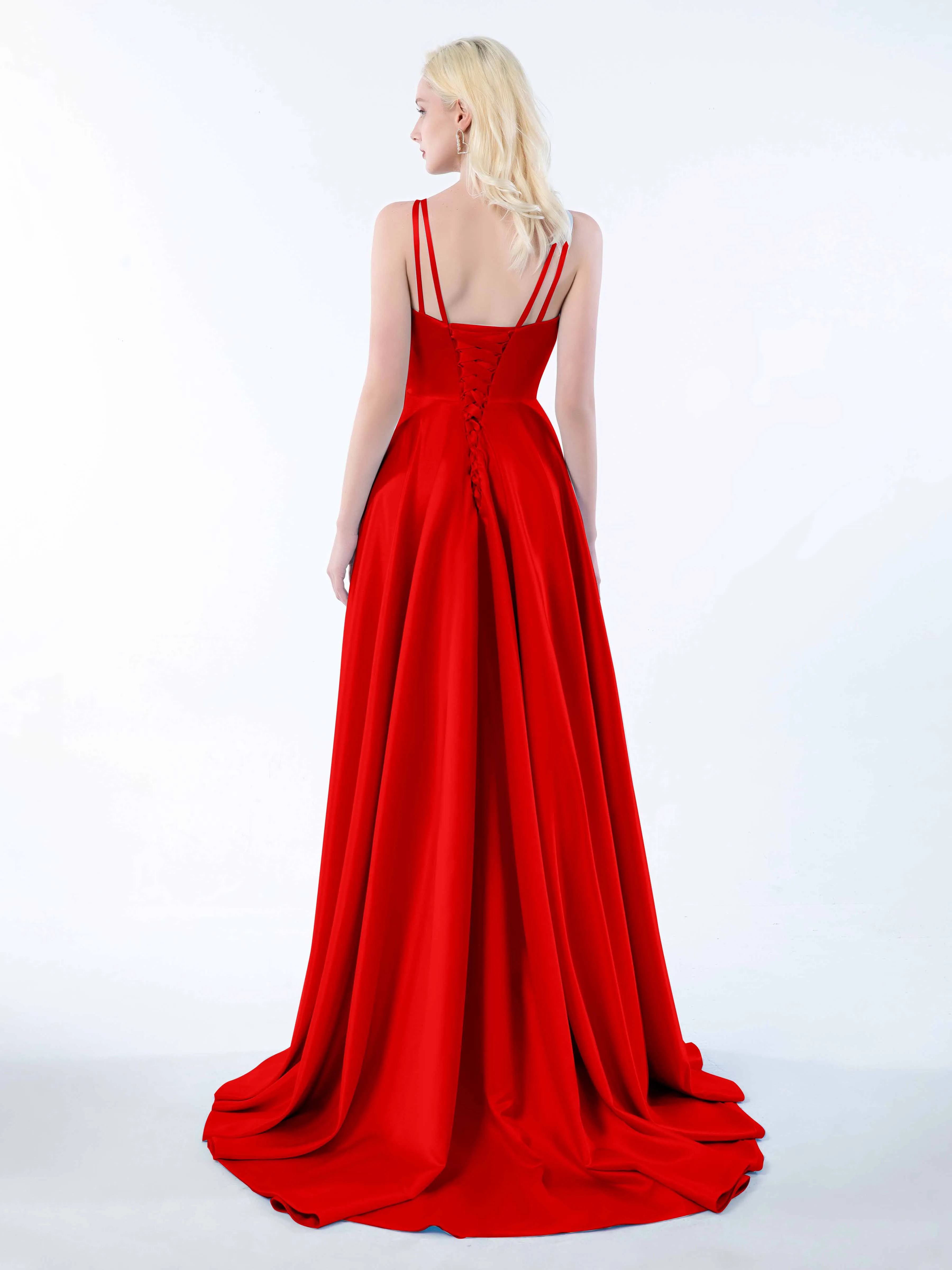 Molly Chic V Neck Slit Satin Dresses