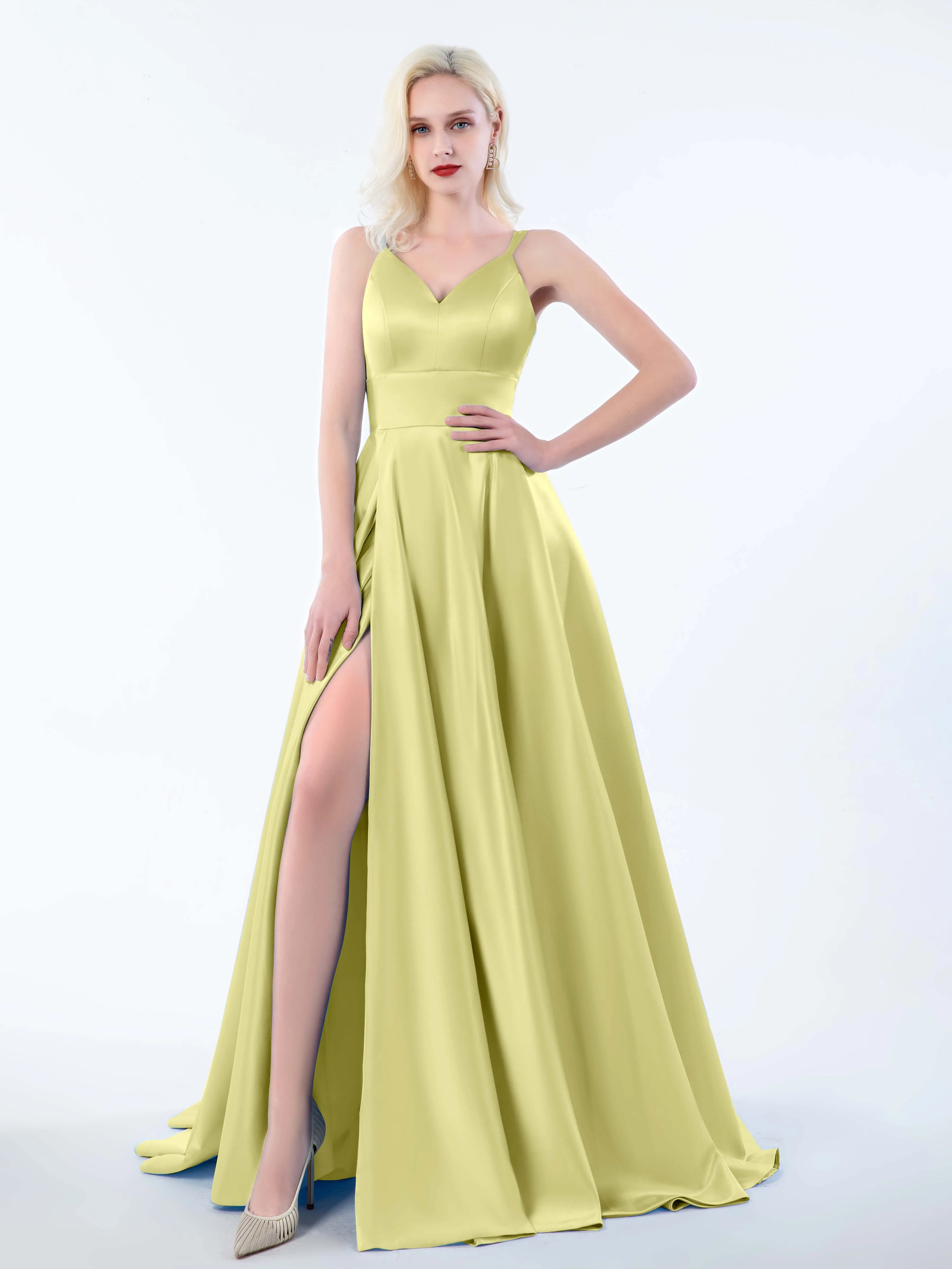 Molly Chic V Neck Slit Satin Dresses