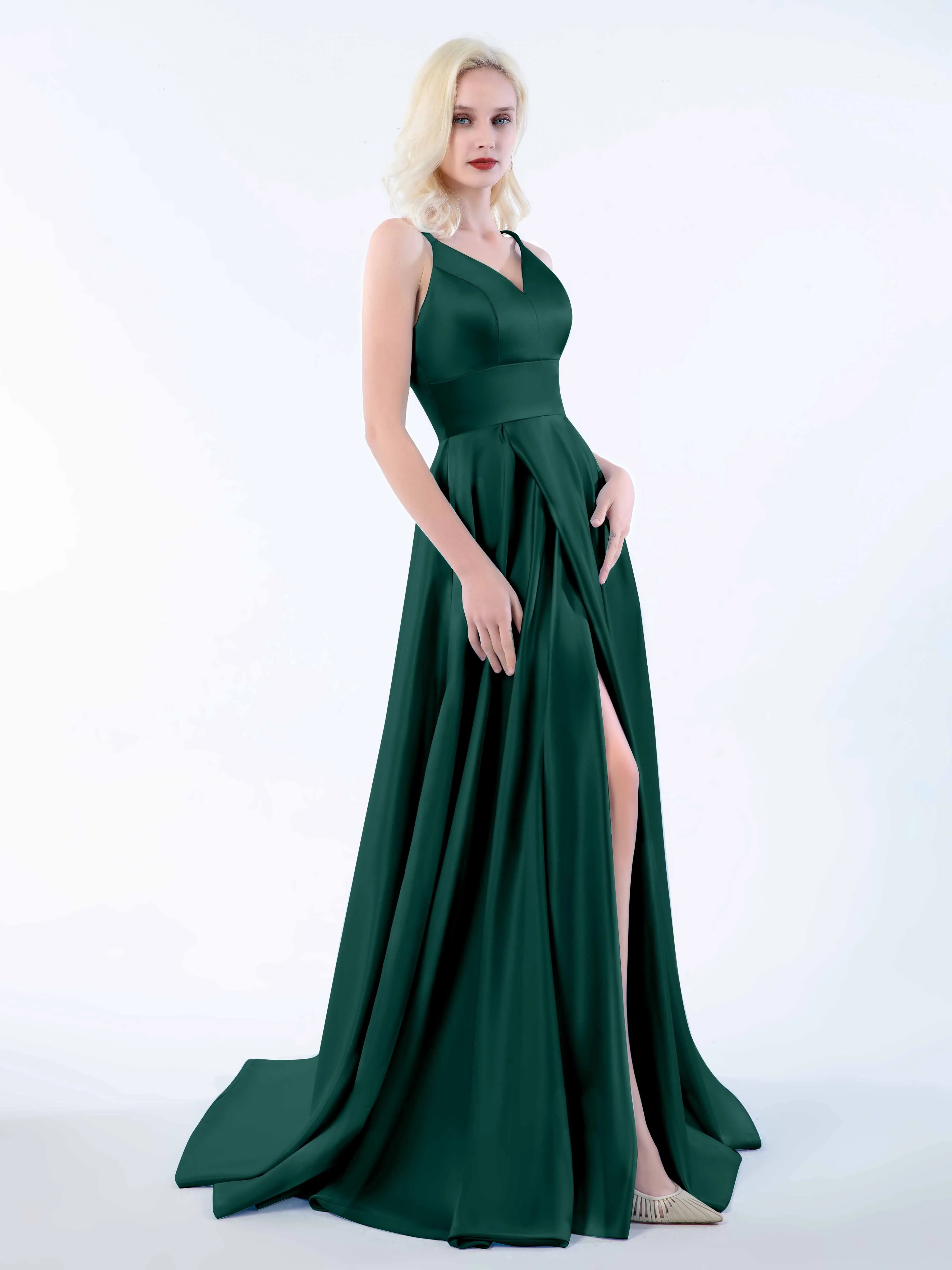 Molly Chic V Neck Slit Satin Dresses