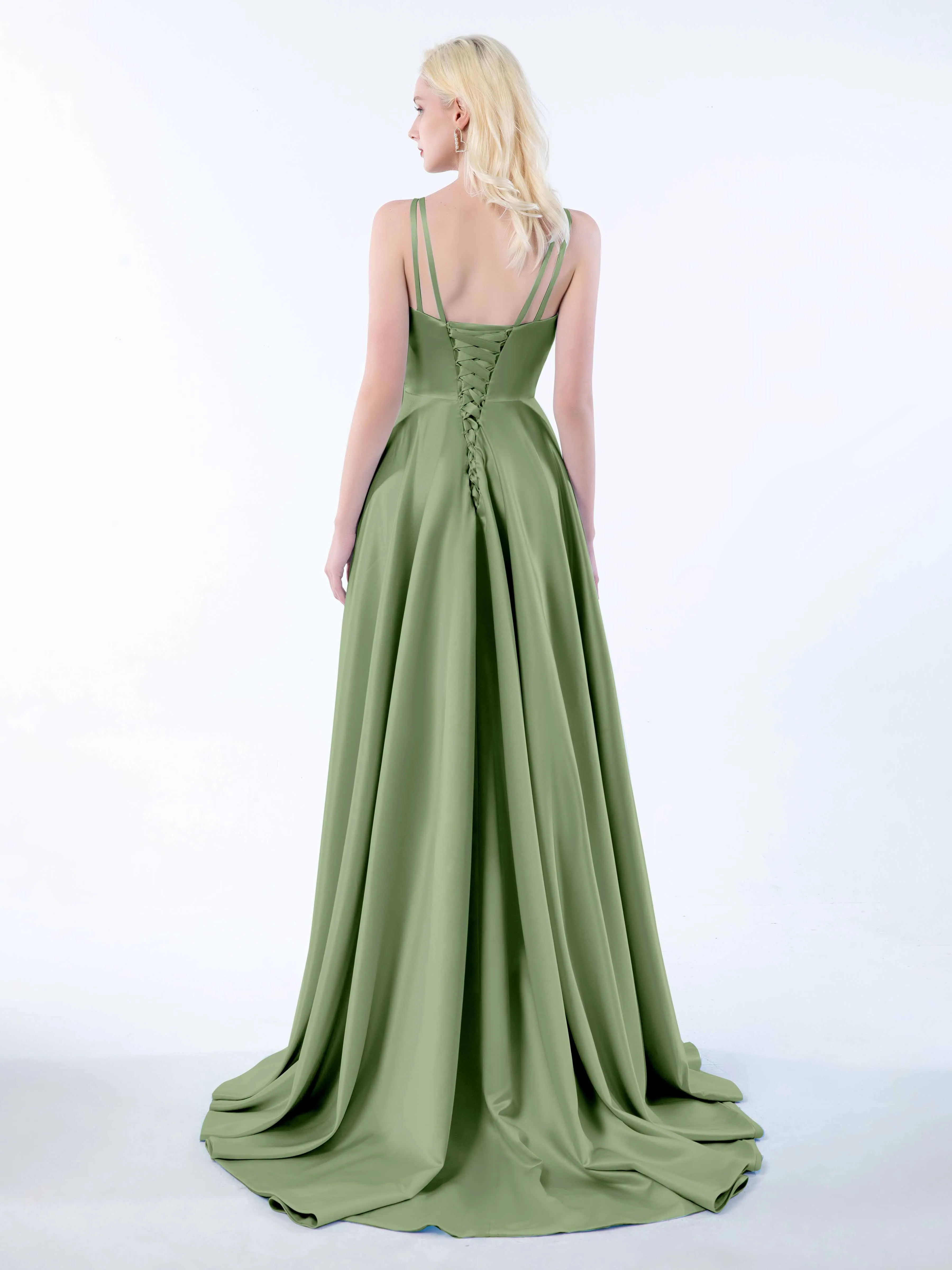 Molly Chic V Neck Slit Satin Dresses