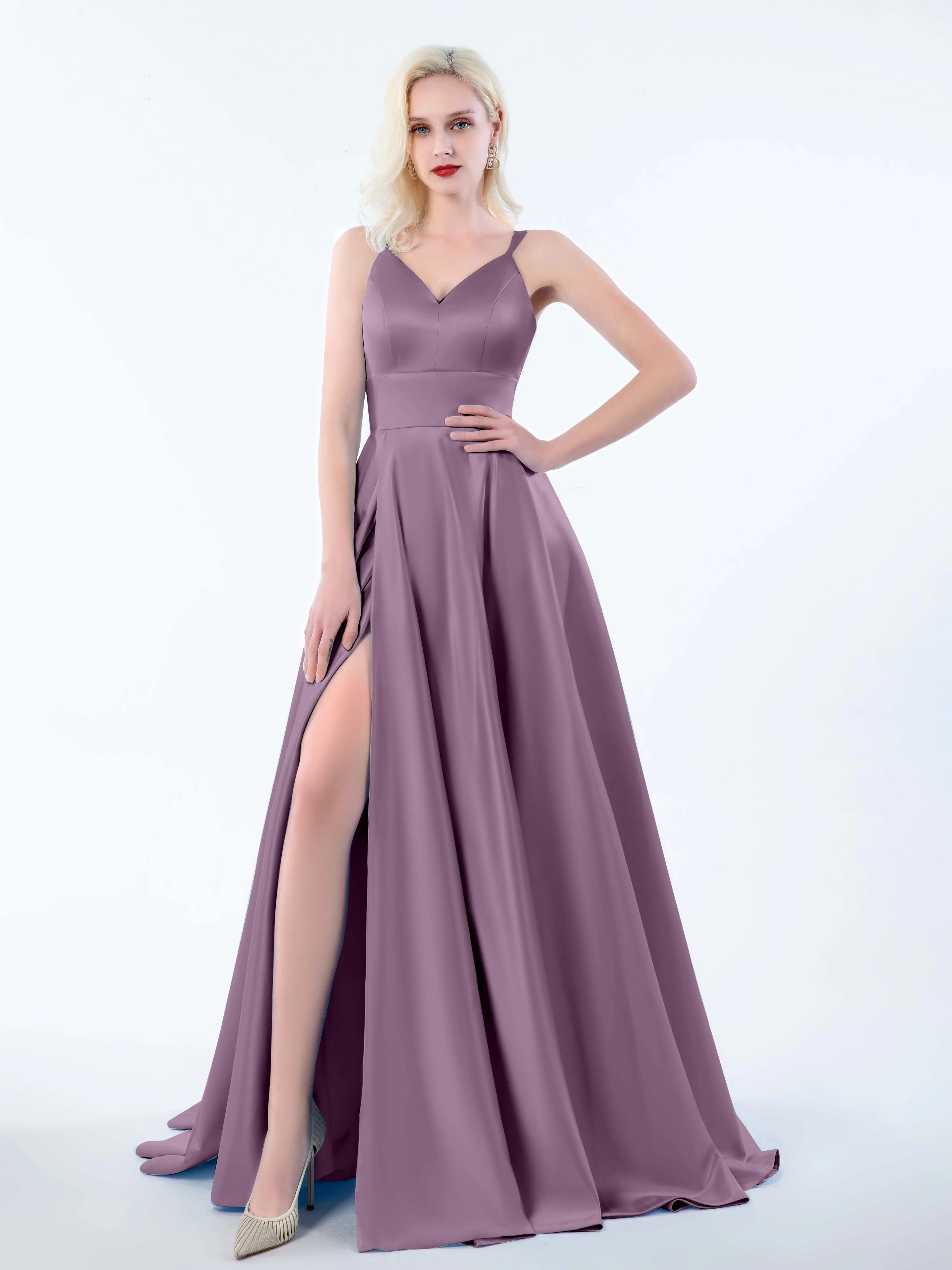 Molly Chic V Neck Slit Satin Dresses