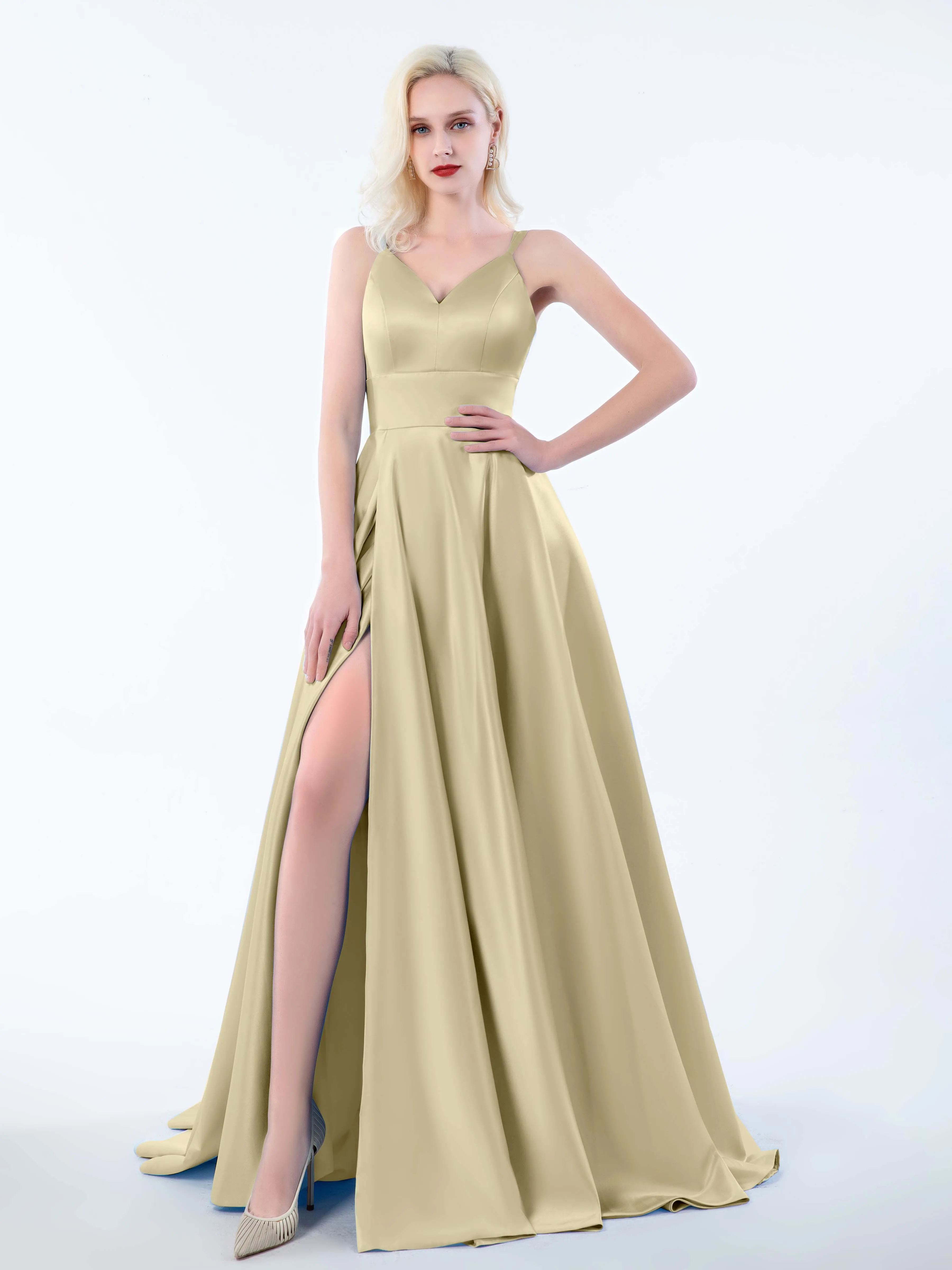 Molly Chic V Neck Slit Satin Dresses
