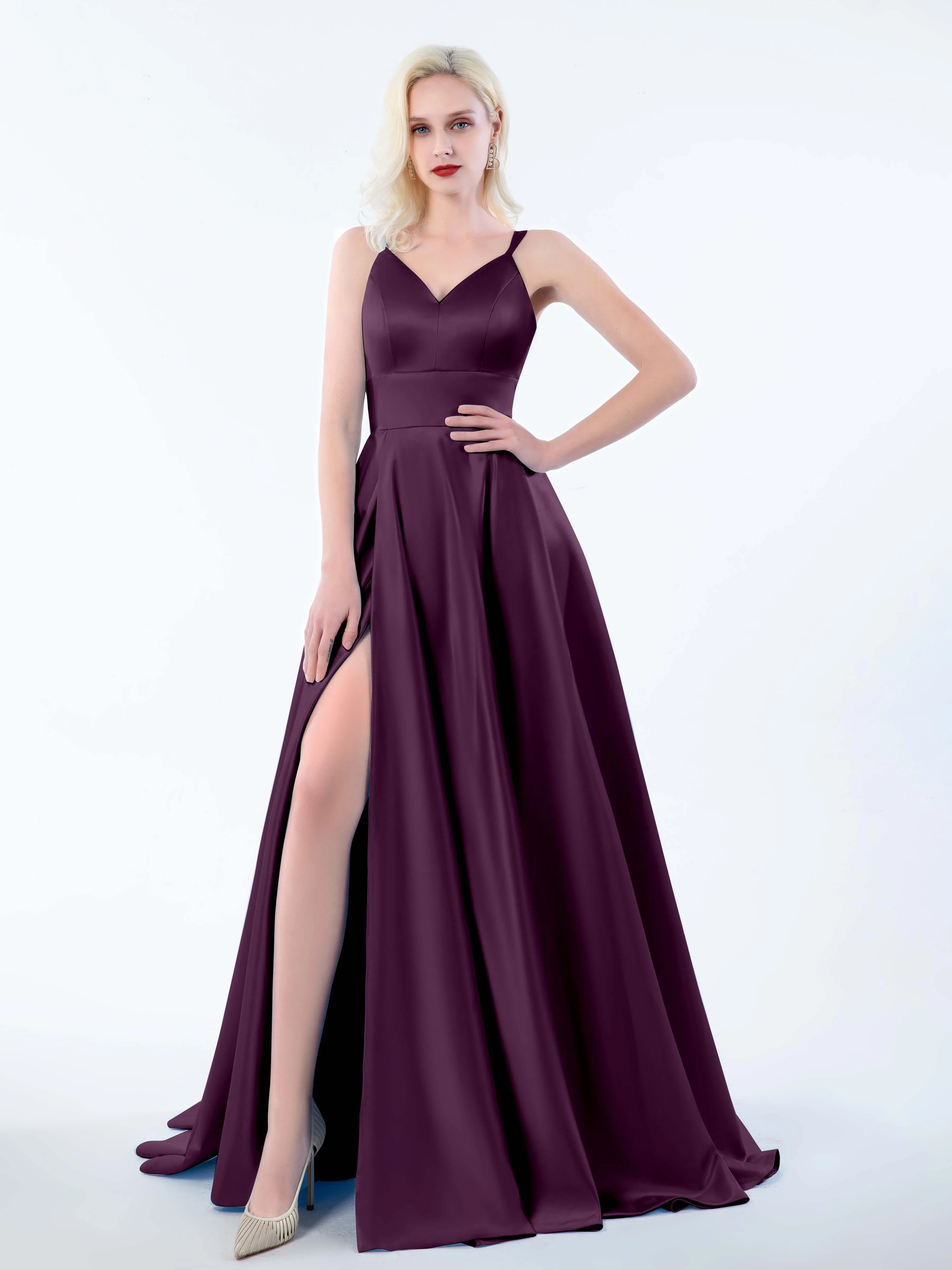 Molly Chic V Neck Slit Satin Dresses