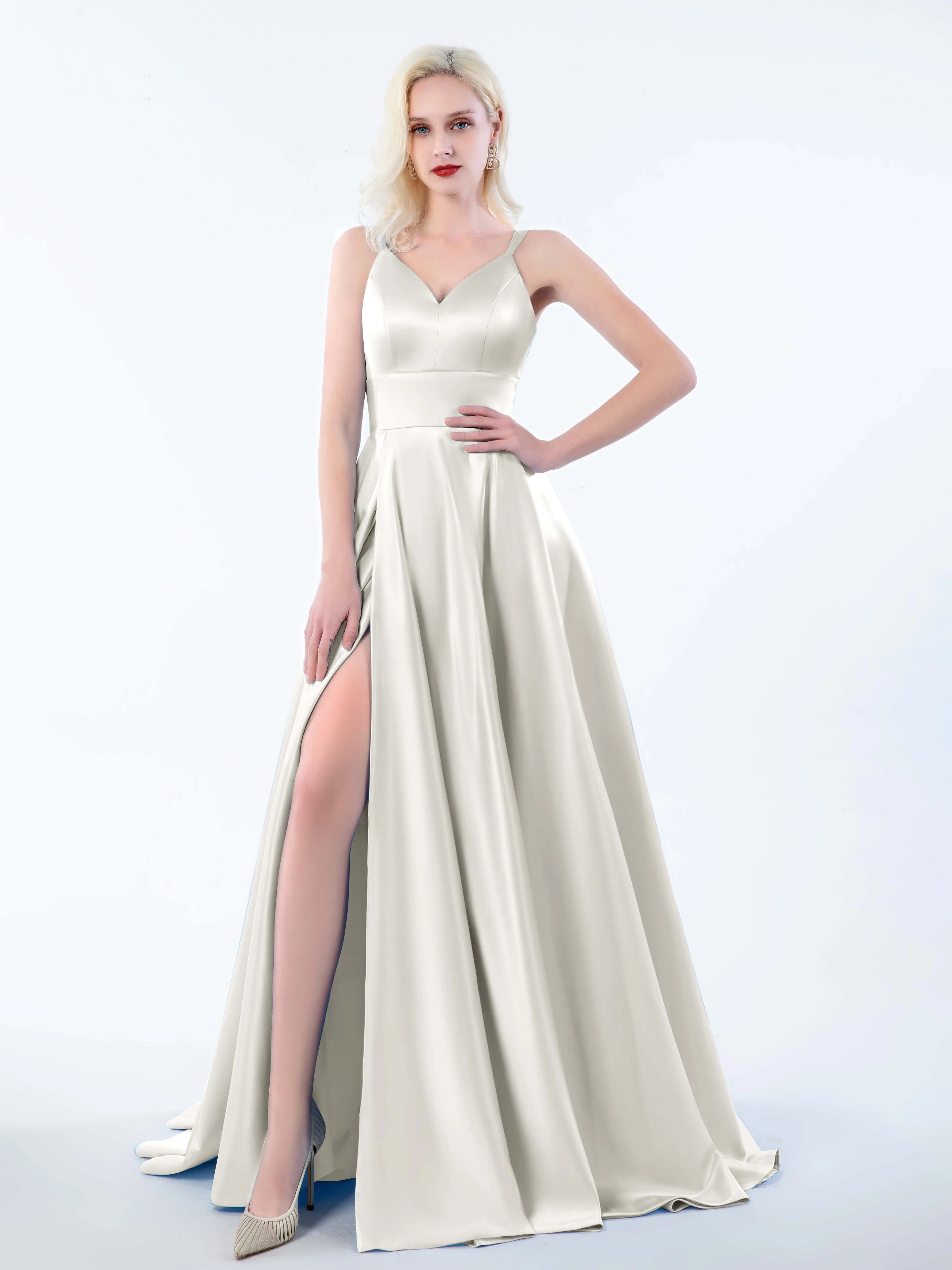 Molly Chic V Neck Slit Satin Dresses