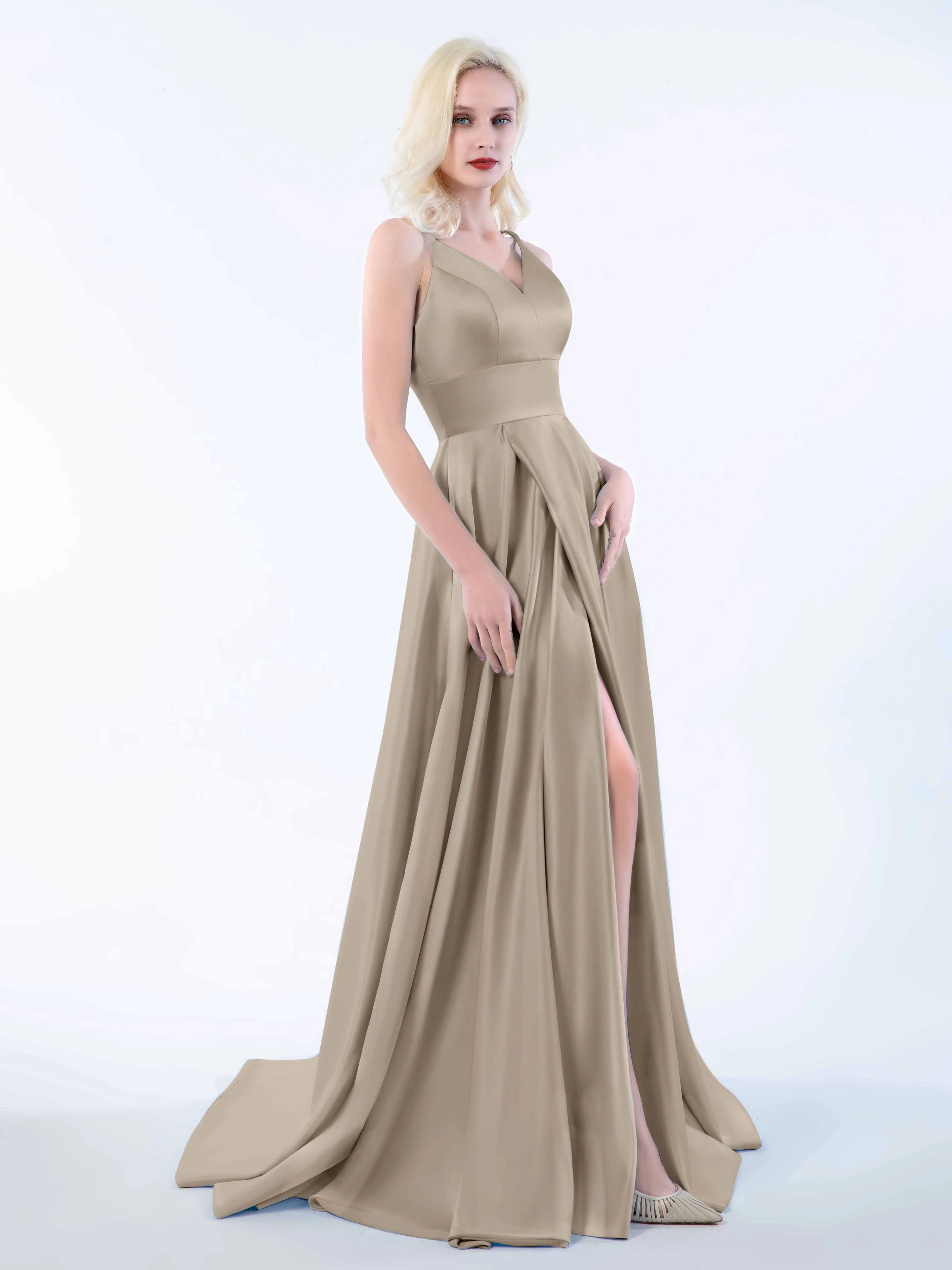 Molly Chic V Neck Slit Satin Dresses