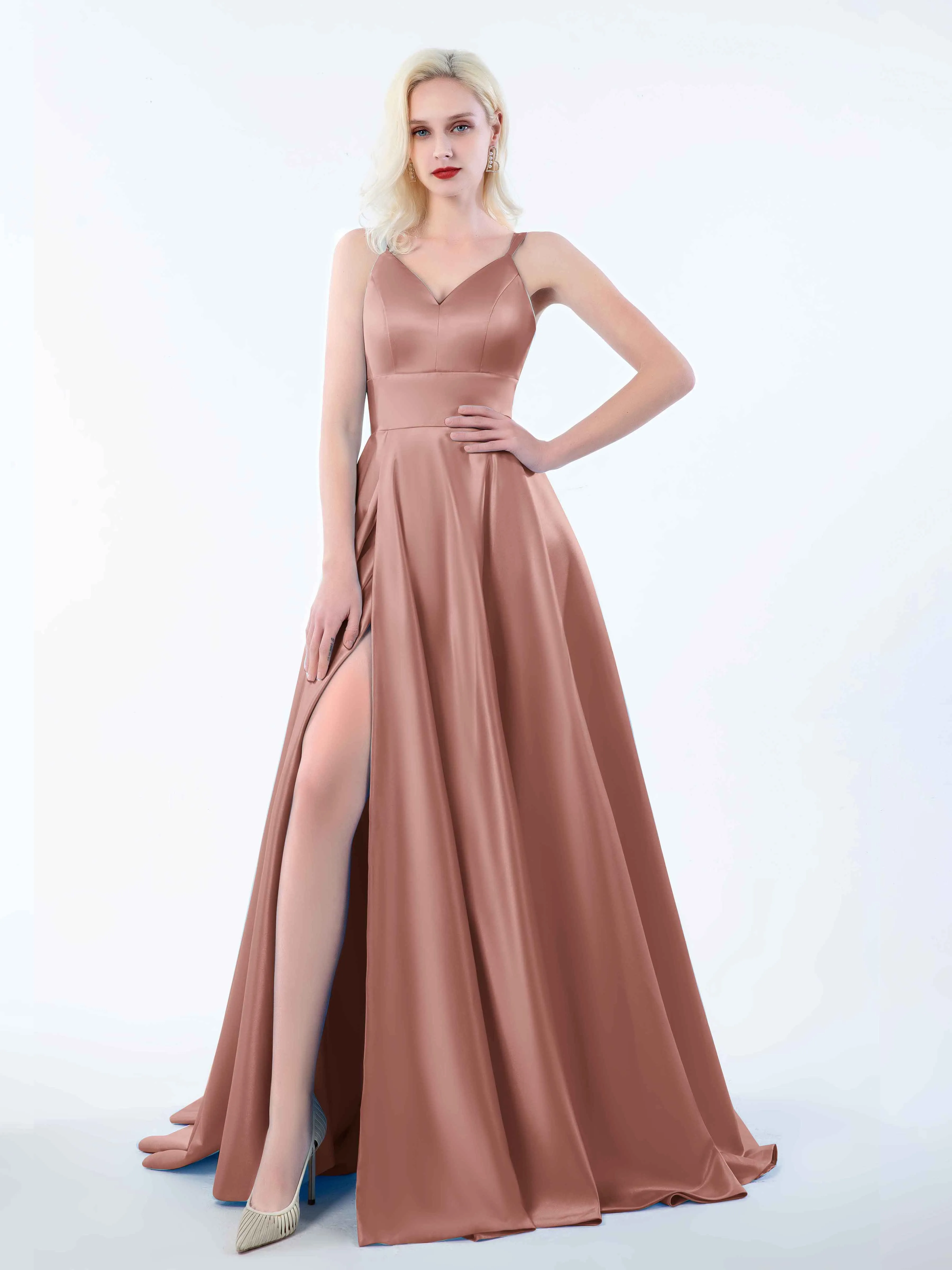 Molly Chic V Neck Slit Satin Dresses