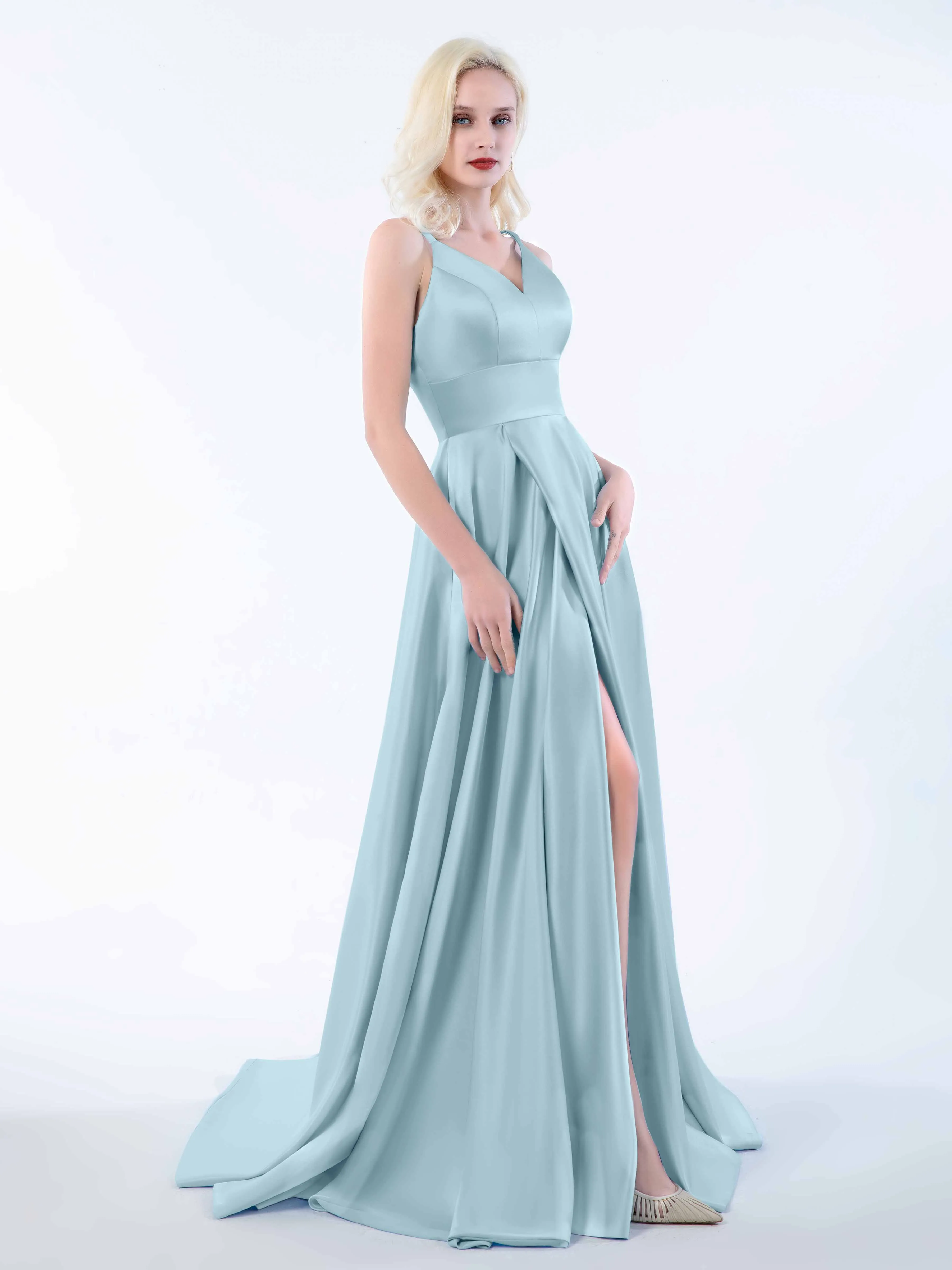 Molly Chic V Neck Slit Satin Dresses
