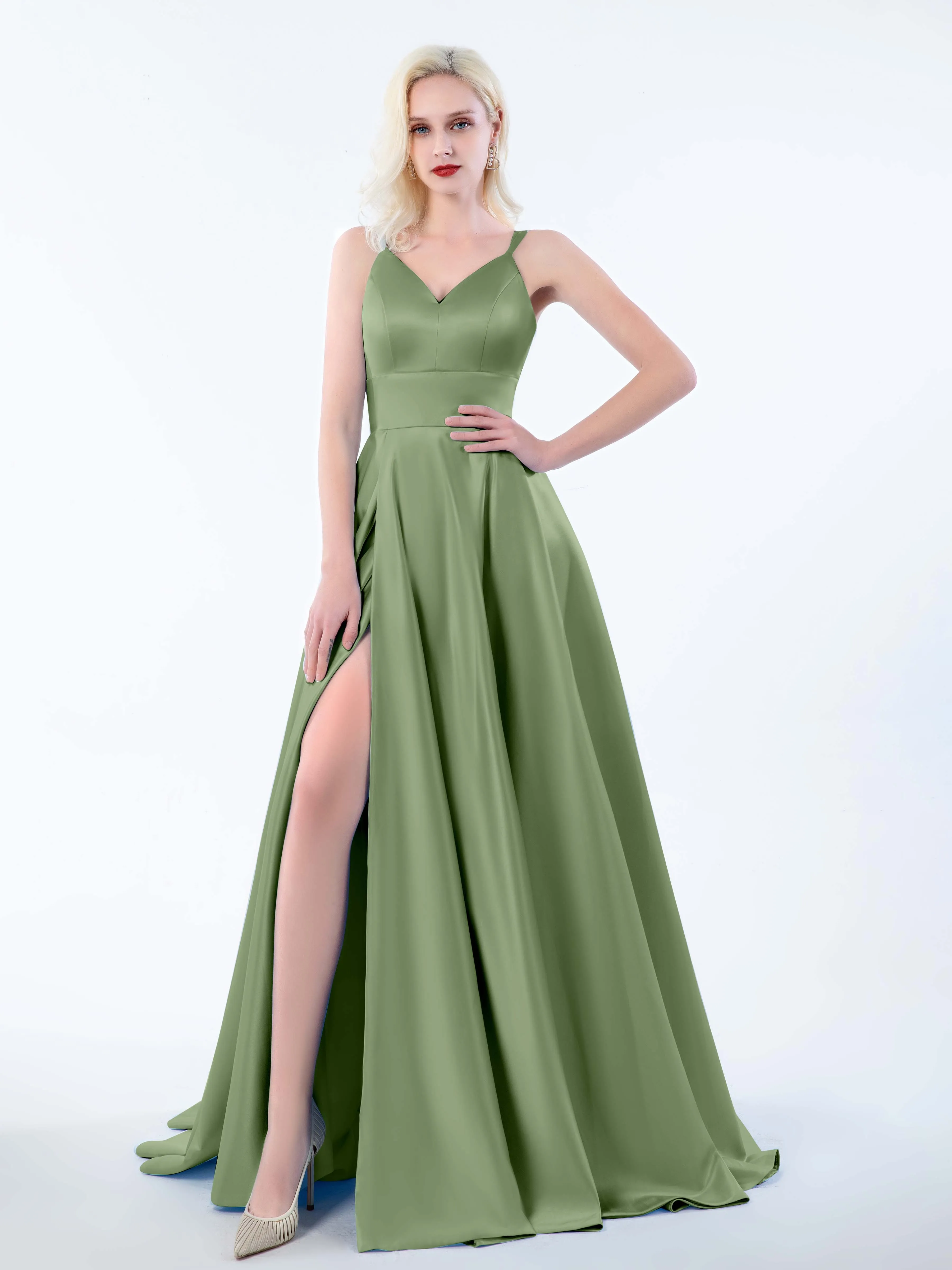 Molly Chic V Neck Slit Satin Dresses