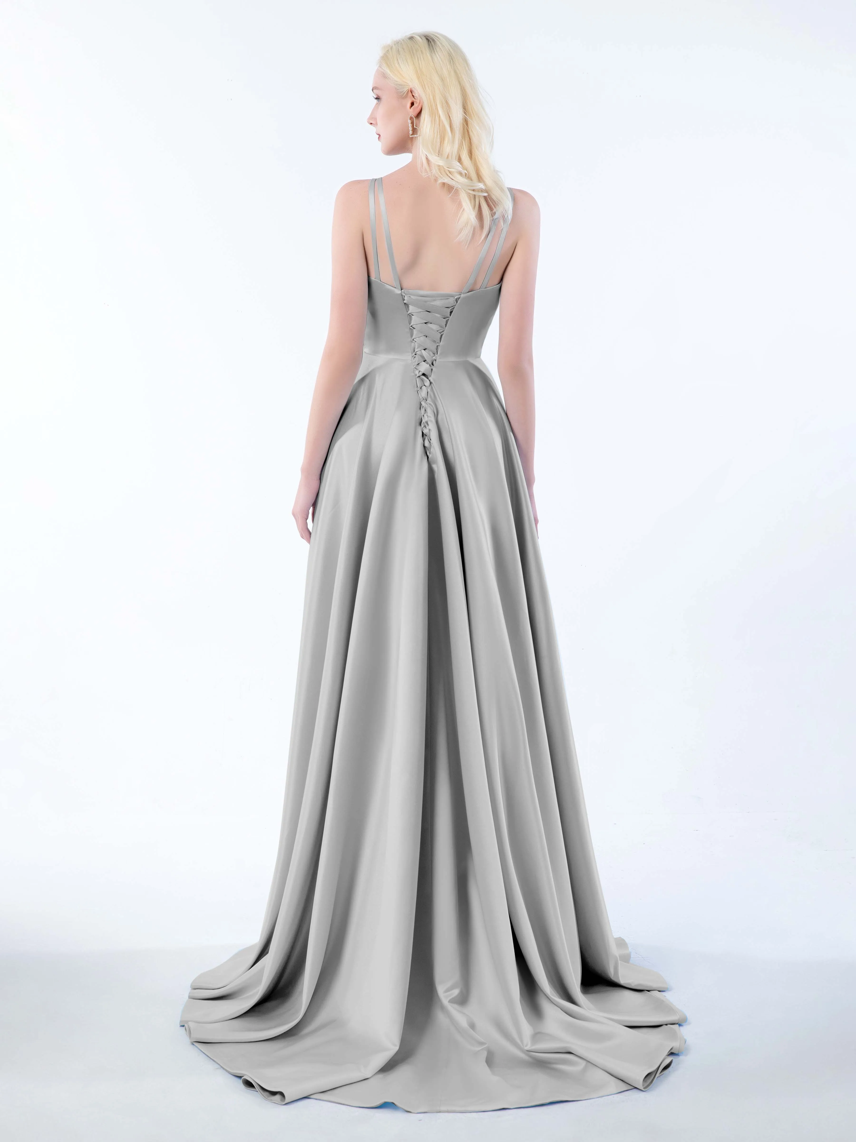 Molly Chic V Neck Slit Satin Dresses