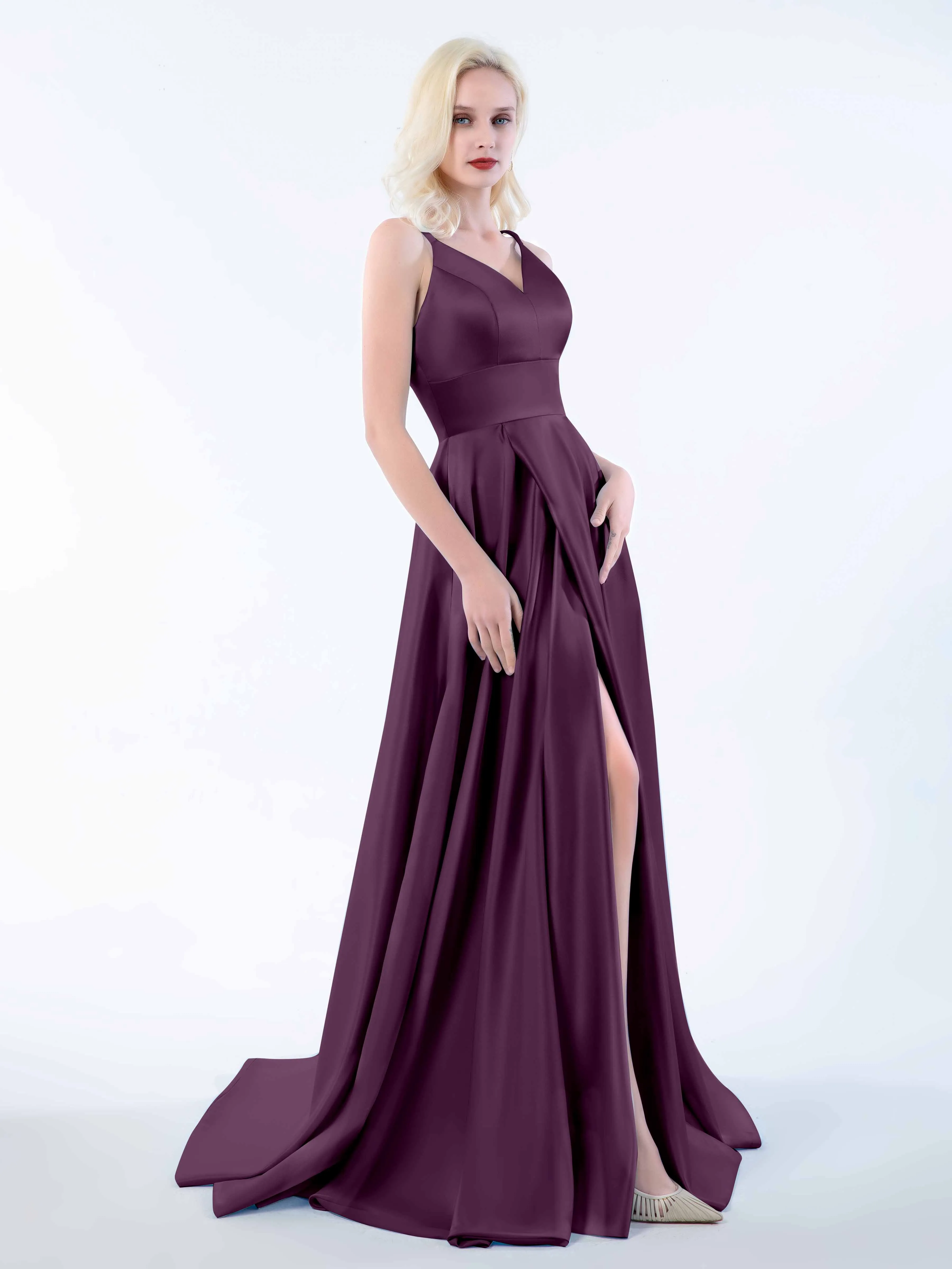 Molly Chic V Neck Slit Satin Dresses