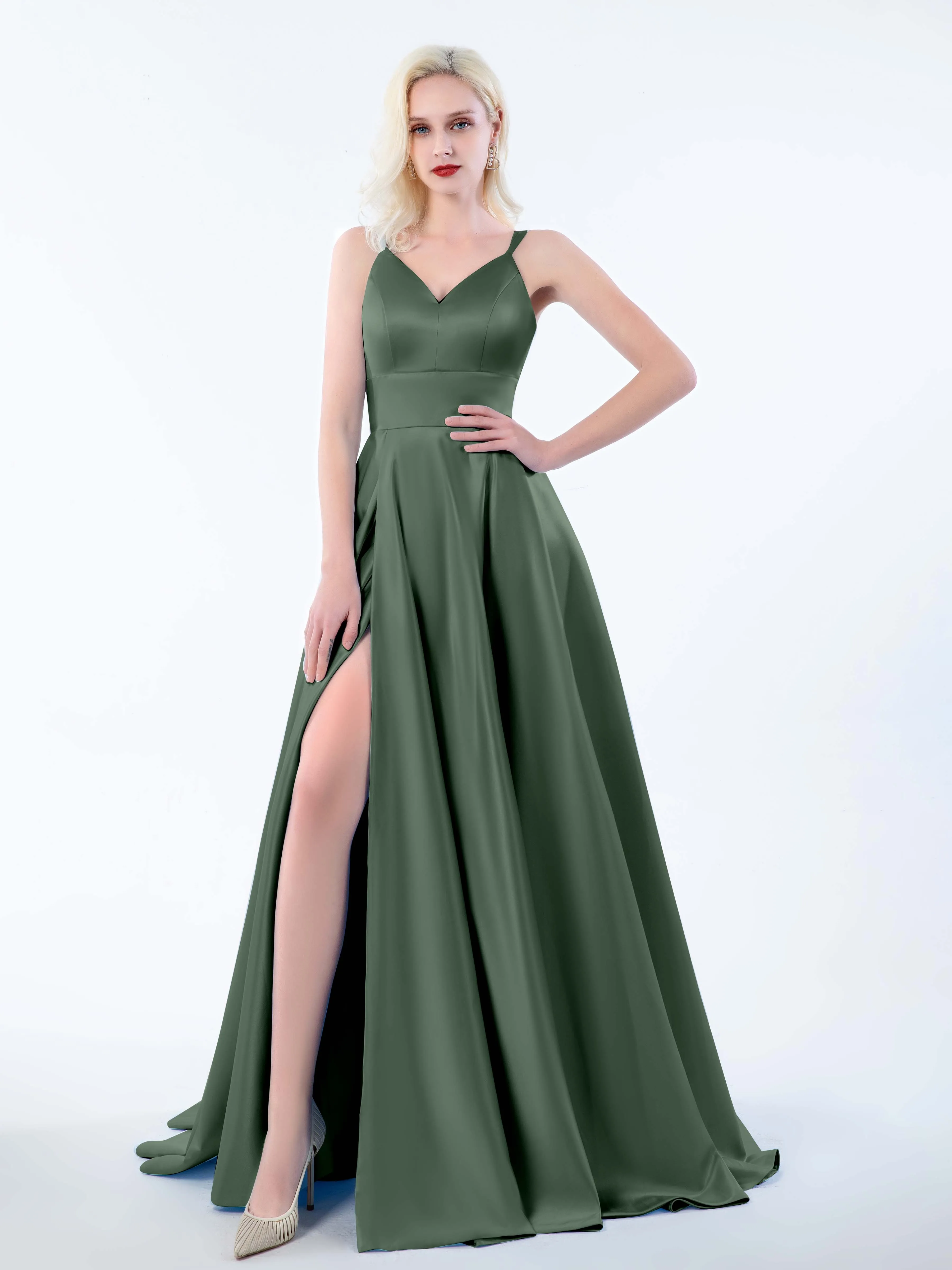 Molly Chic V Neck Slit Satin Dresses