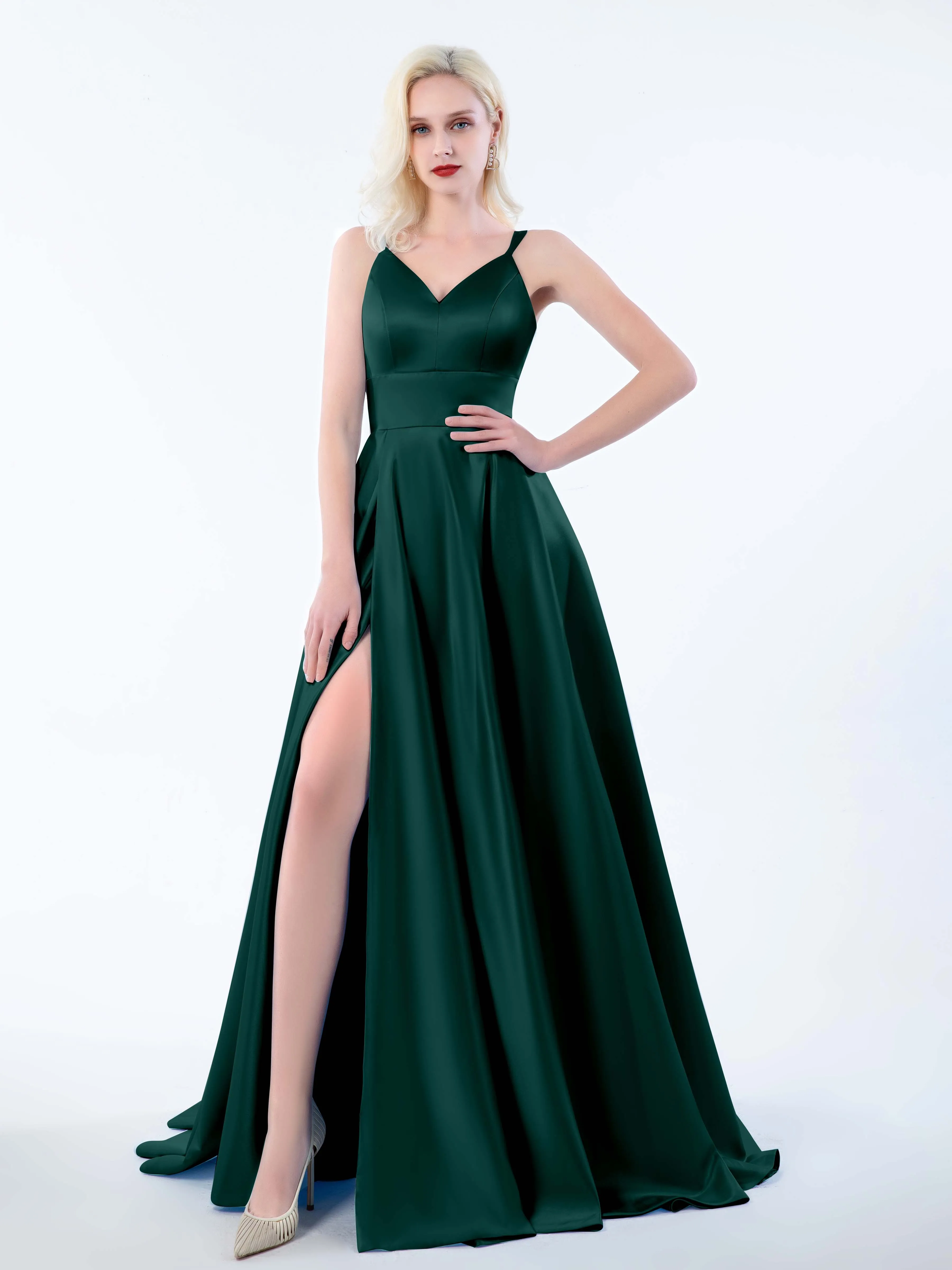 Molly Chic V Neck Slit Satin Dresses