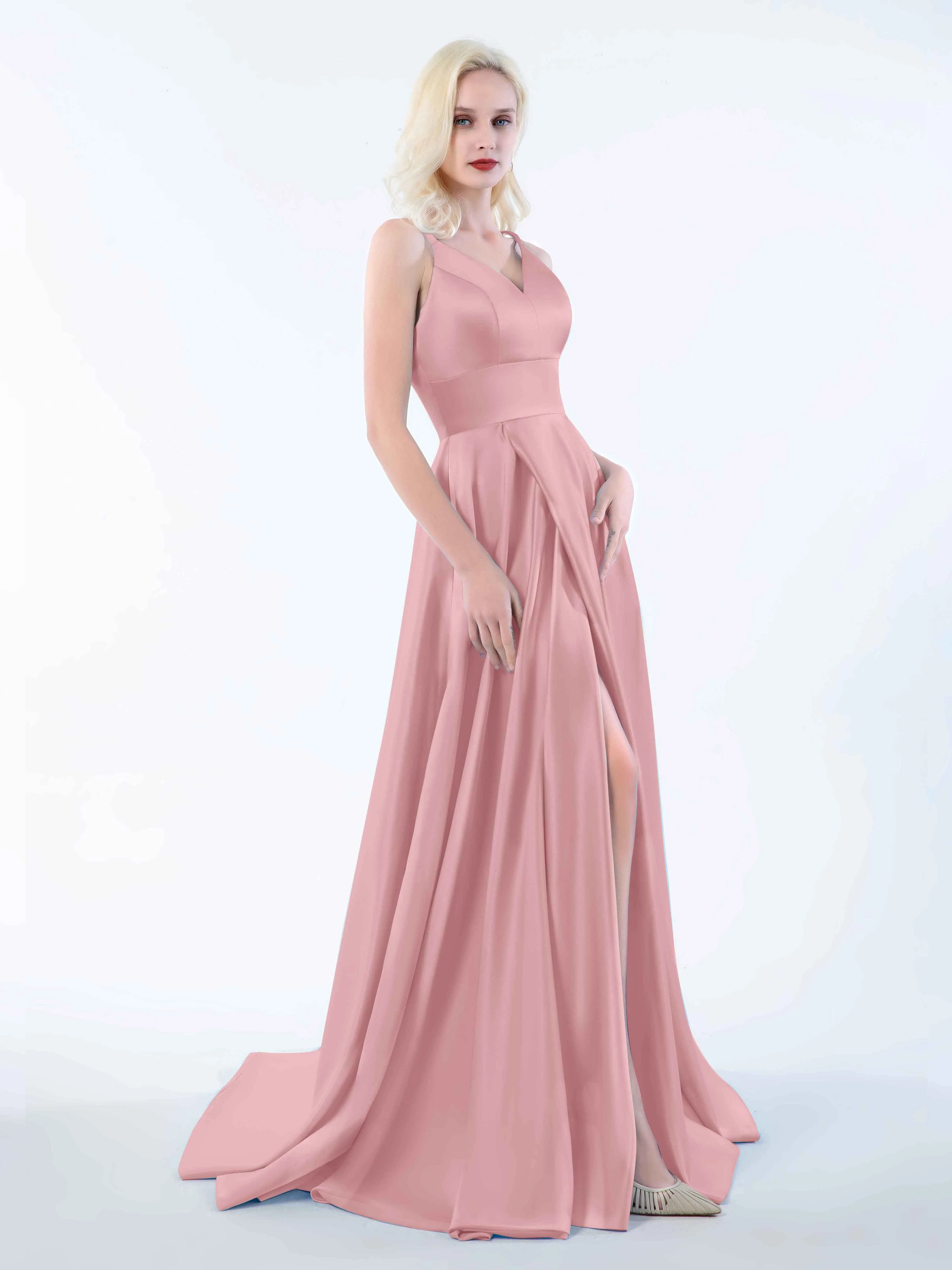 Molly Chic V Neck Slit Satin Dresses