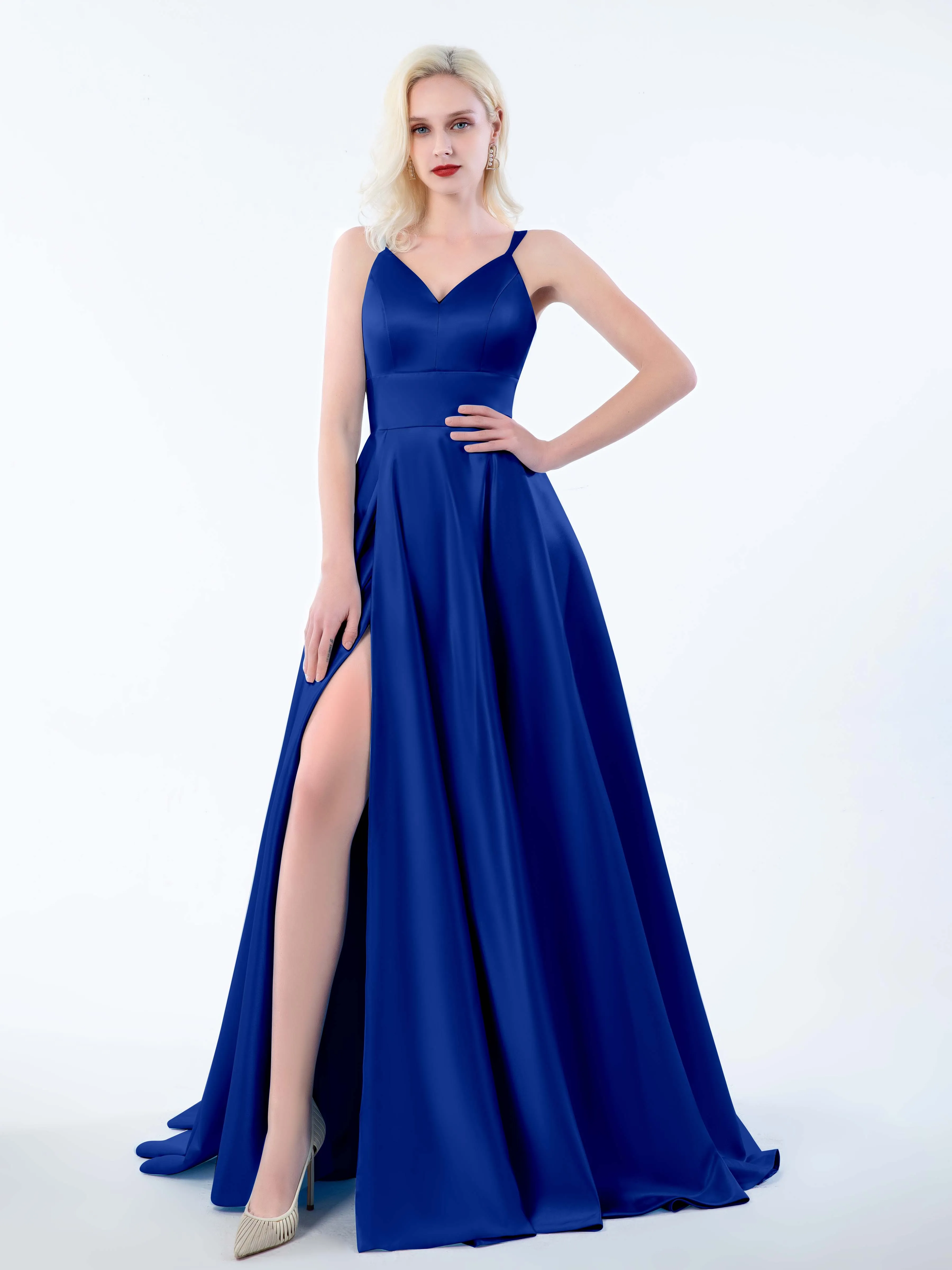 Molly Chic V Neck Slit Satin Dresses