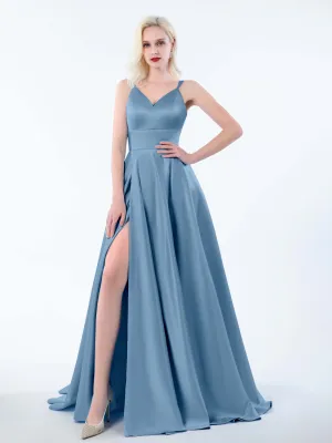 Molly Chic V Neck Slit Satin Dresses