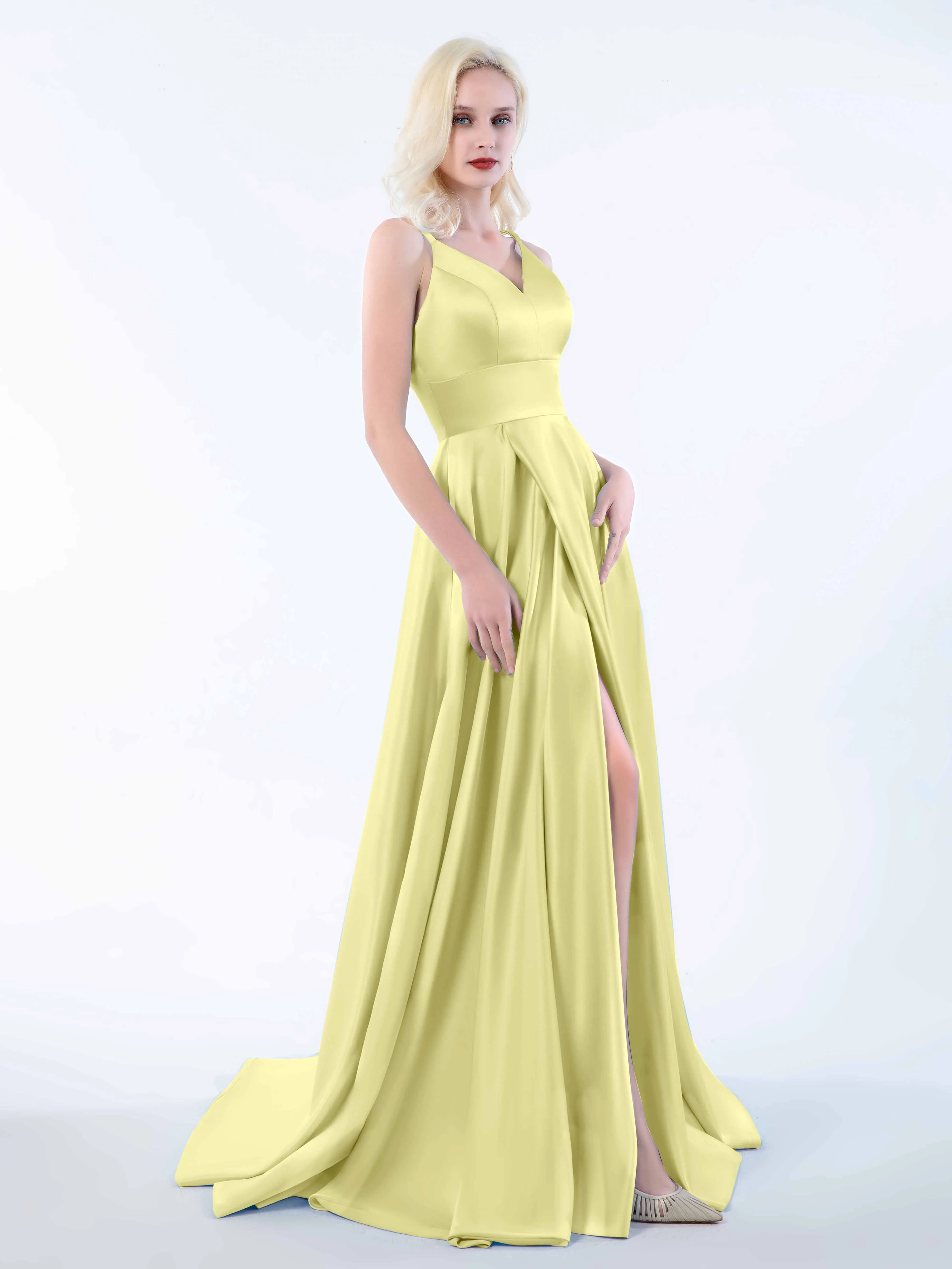 Molly Chic V Neck Slit Satin Dresses
