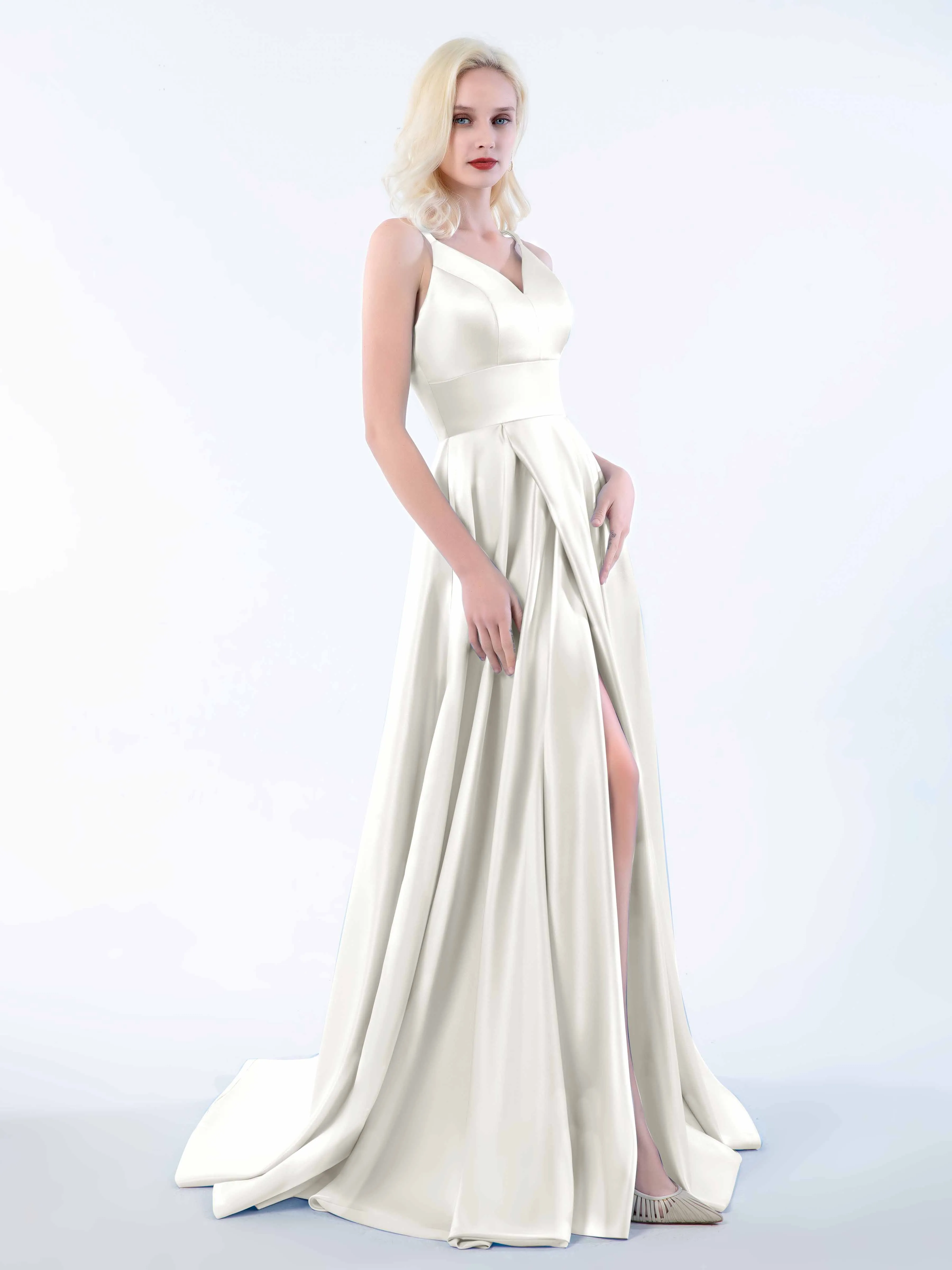 Molly Chic V Neck Slit Satin Dresses
