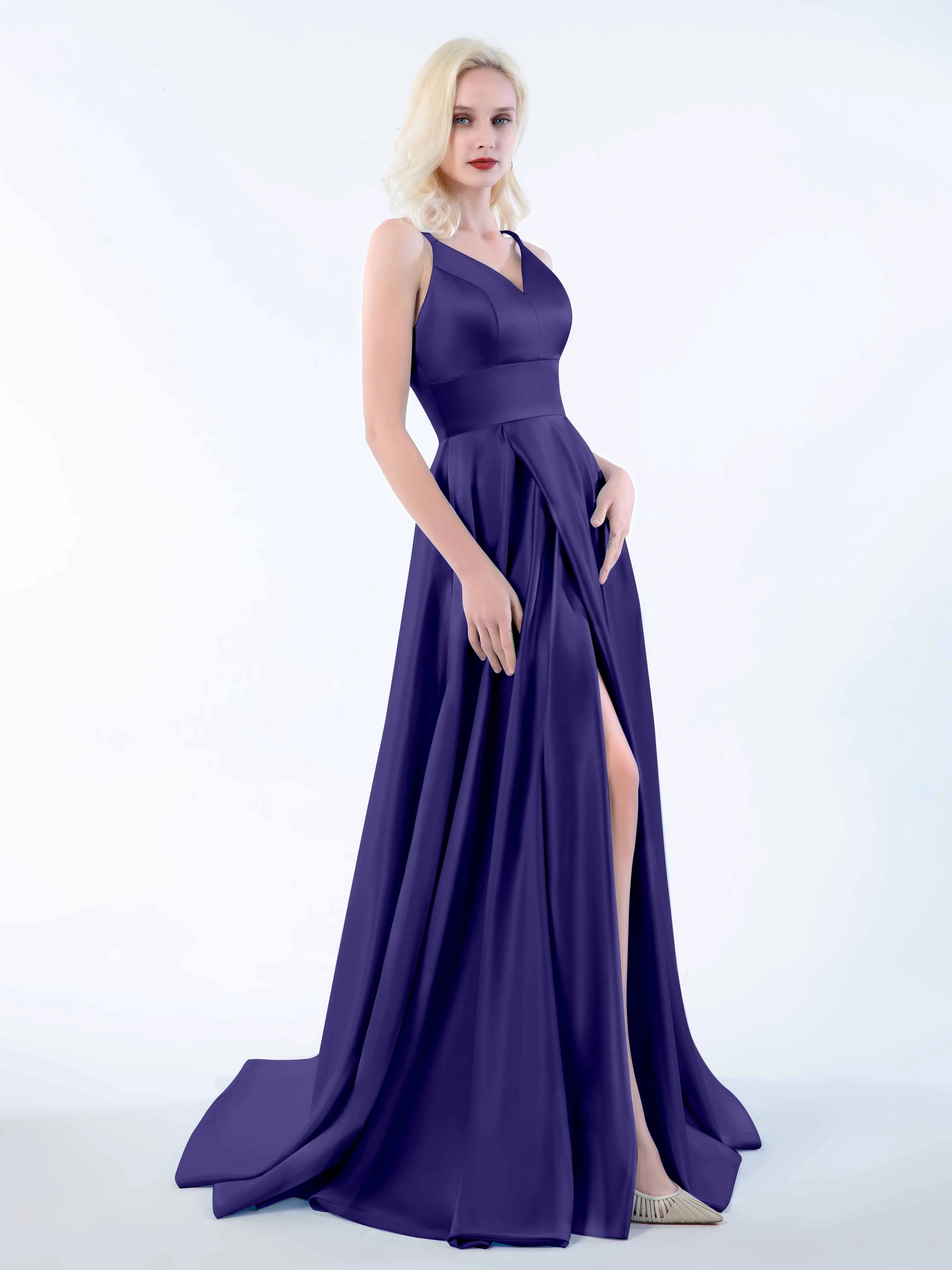 Molly Chic V Neck Slit Satin Dresses
