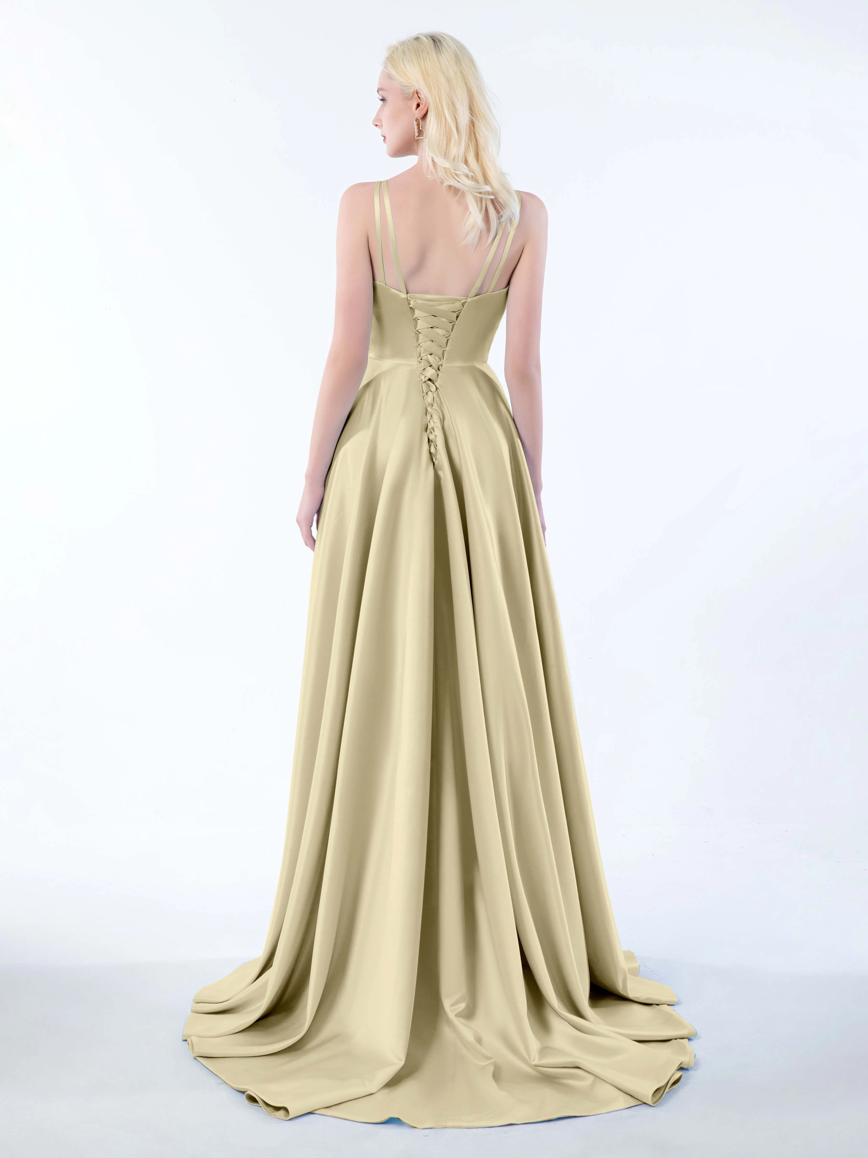 Molly Chic V Neck Slit Satin Dresses