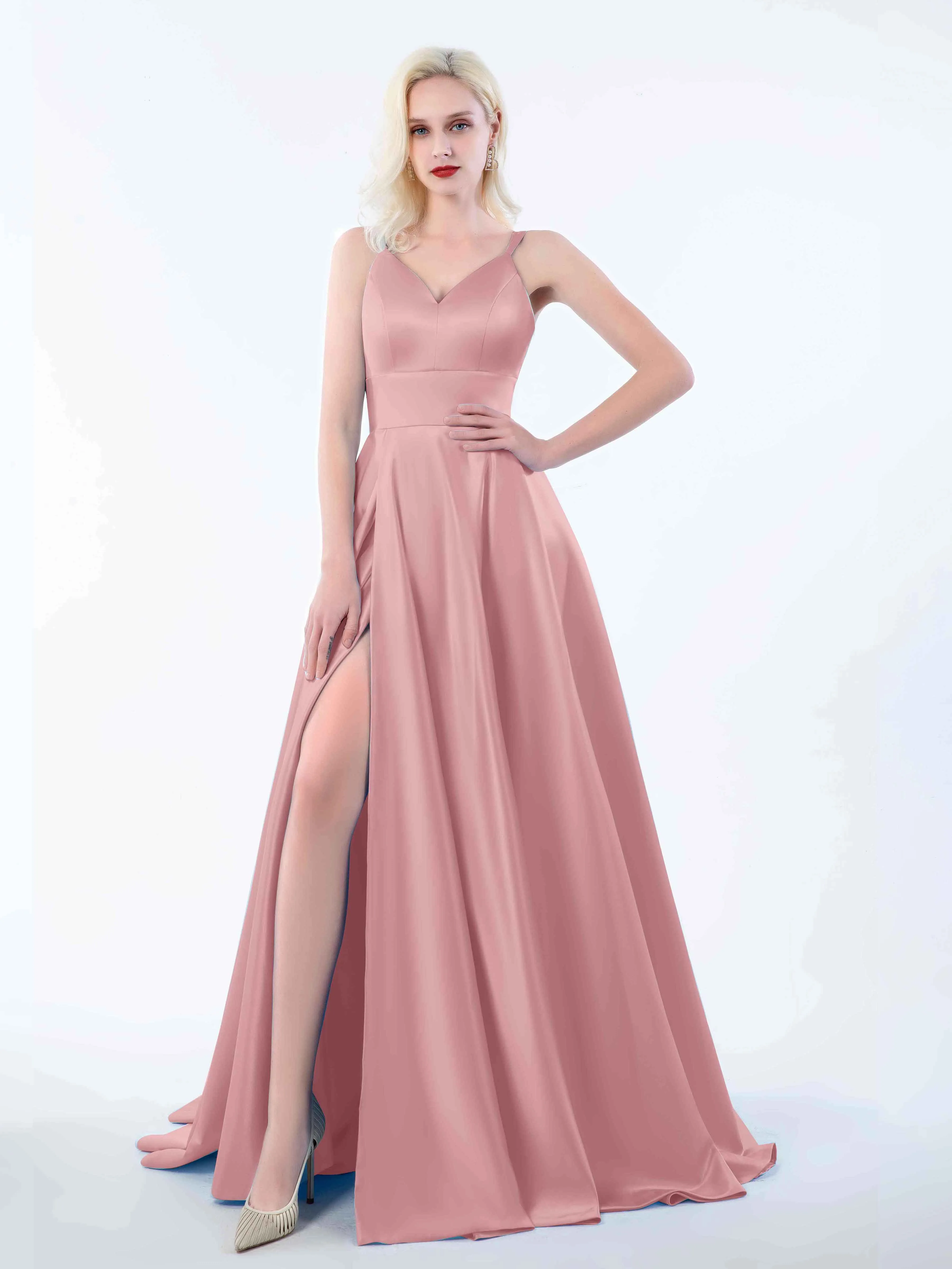 Molly Chic V Neck Slit Satin Dresses