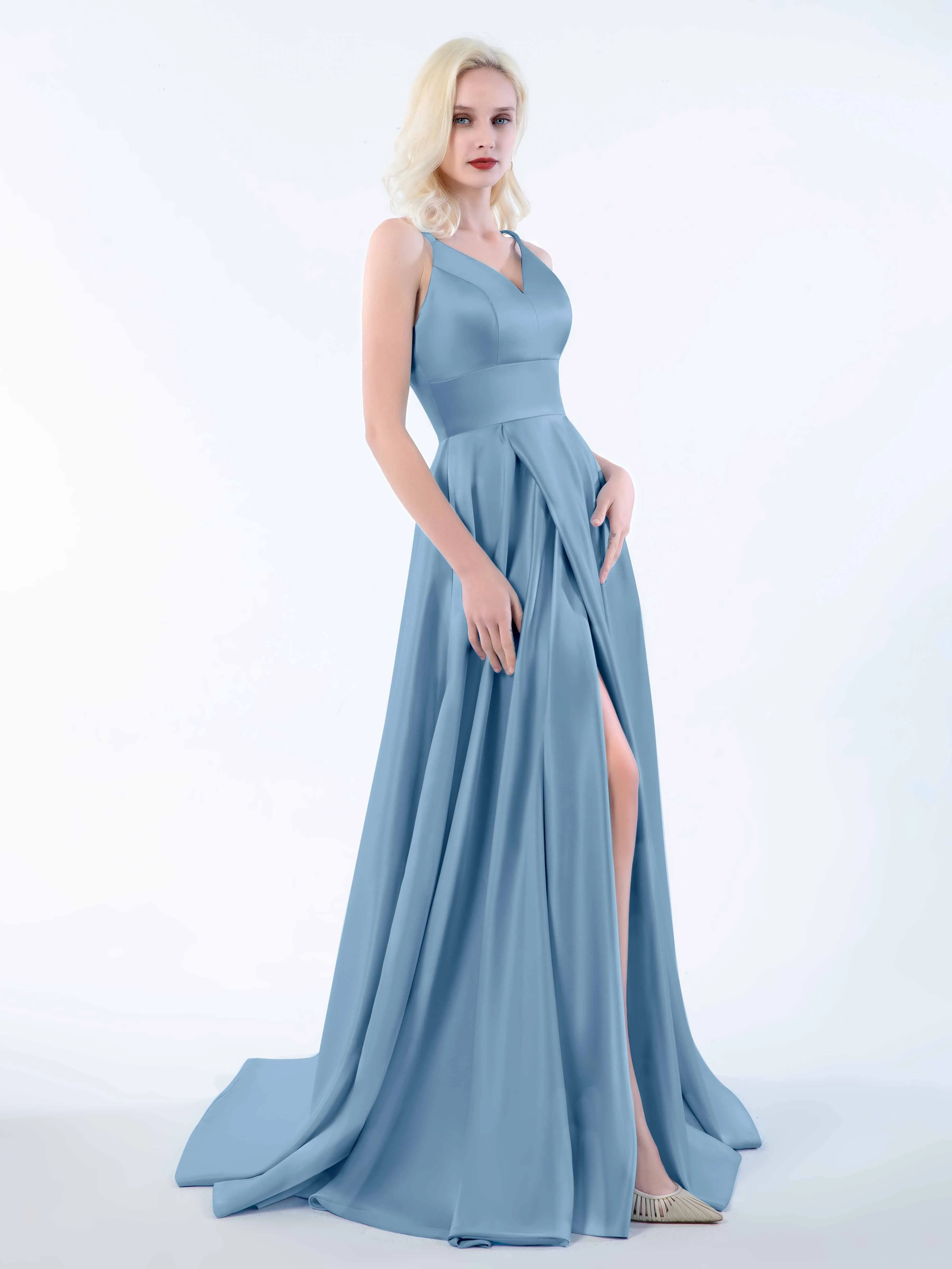 Molly Chic V Neck Slit Satin Dresses