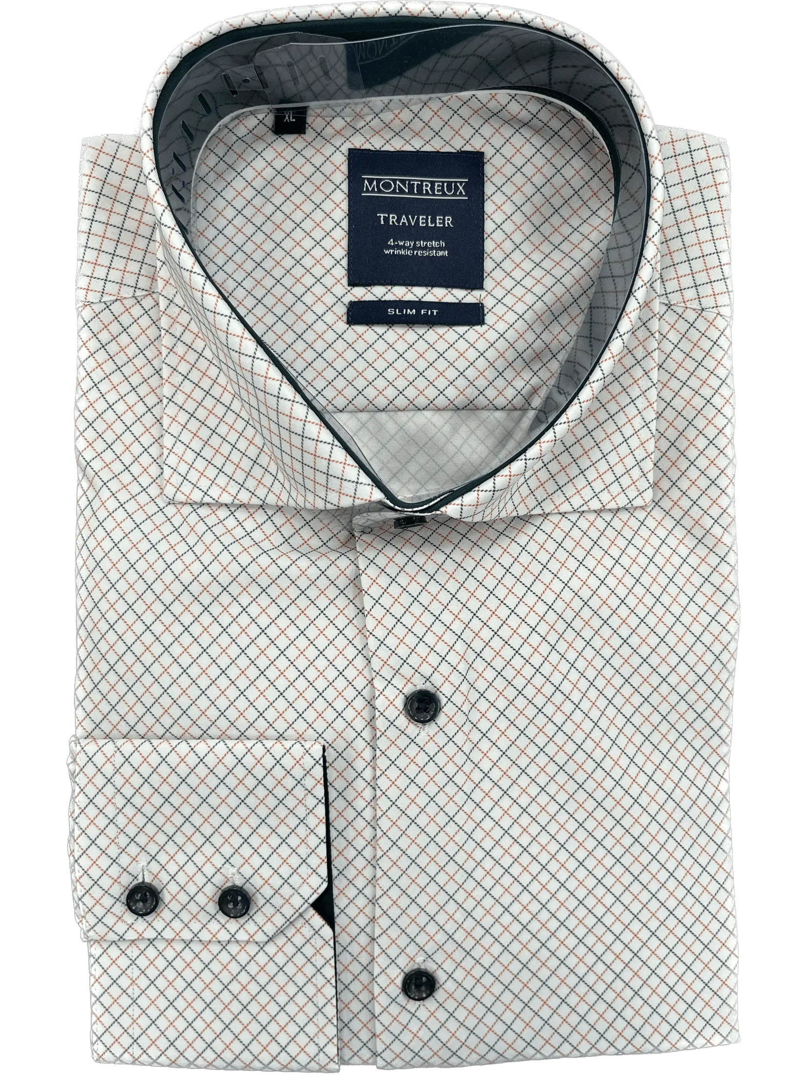 Montreux Contemporary Fit Orange Plaid Spread Collar 4-way Stretch Dress Shirt
