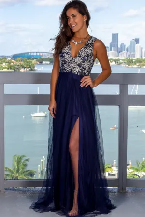 Navy Glitter Top Maxi Dress with Tulle
