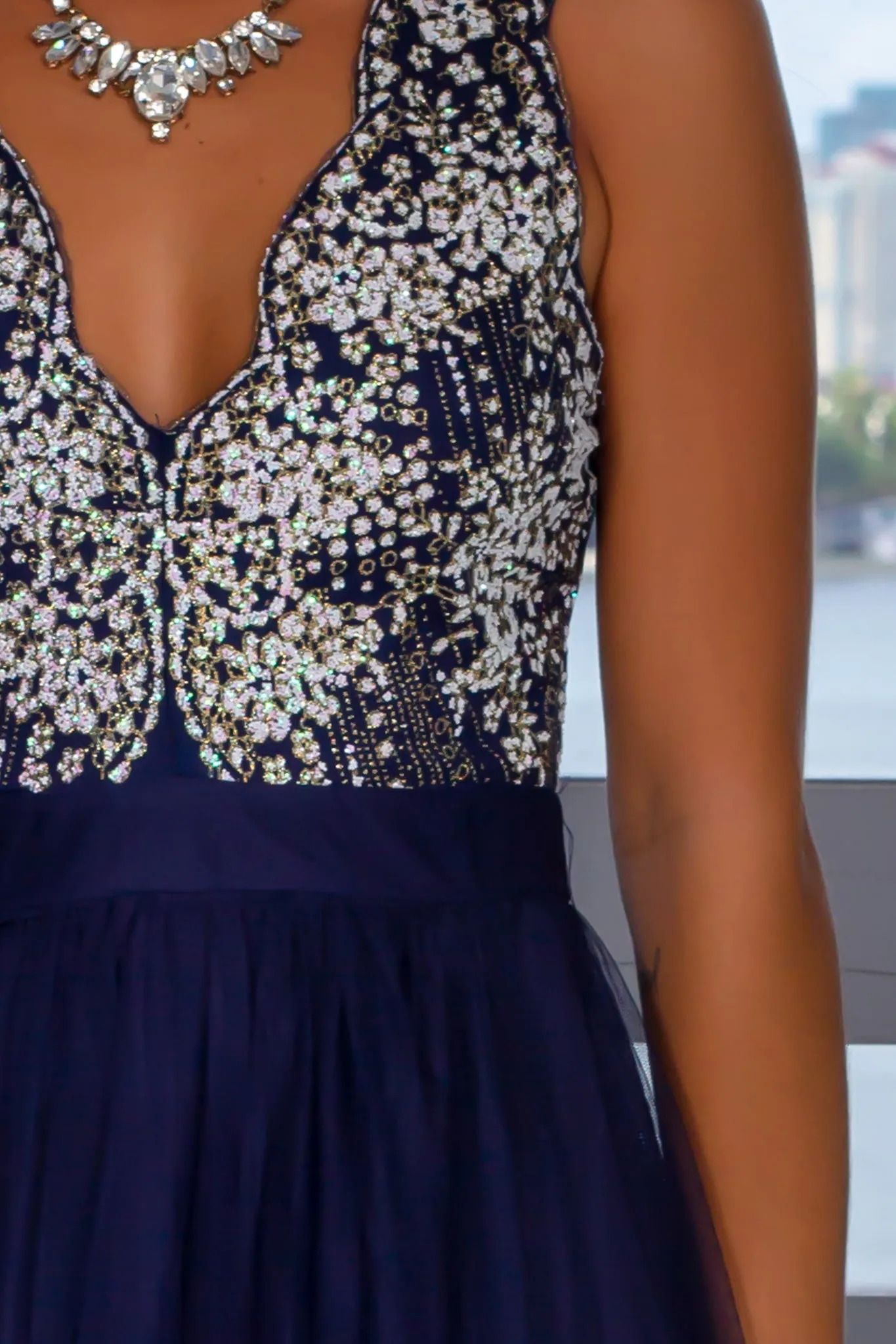 Navy Glitter Top Maxi Dress with Tulle