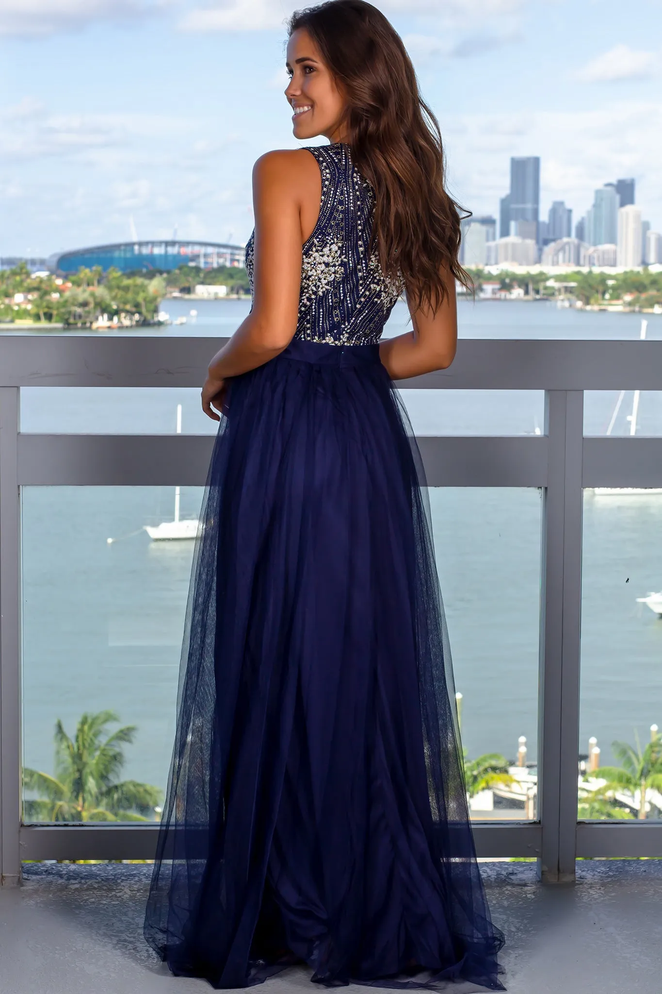 Navy Glitter Top Maxi Dress with Tulle