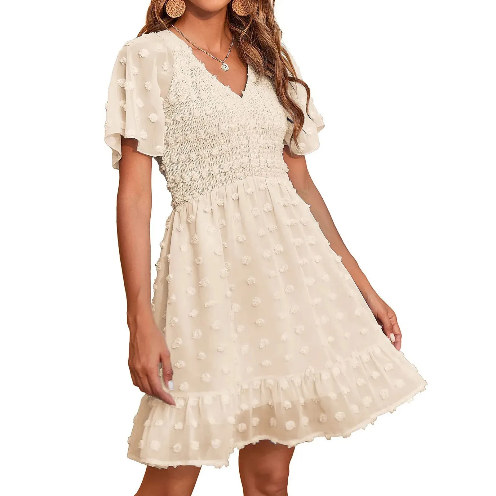 Neck Smocked Short Sleeve Casual Dot Swing Flowy Ruffle Hem Summer Midi V Dress