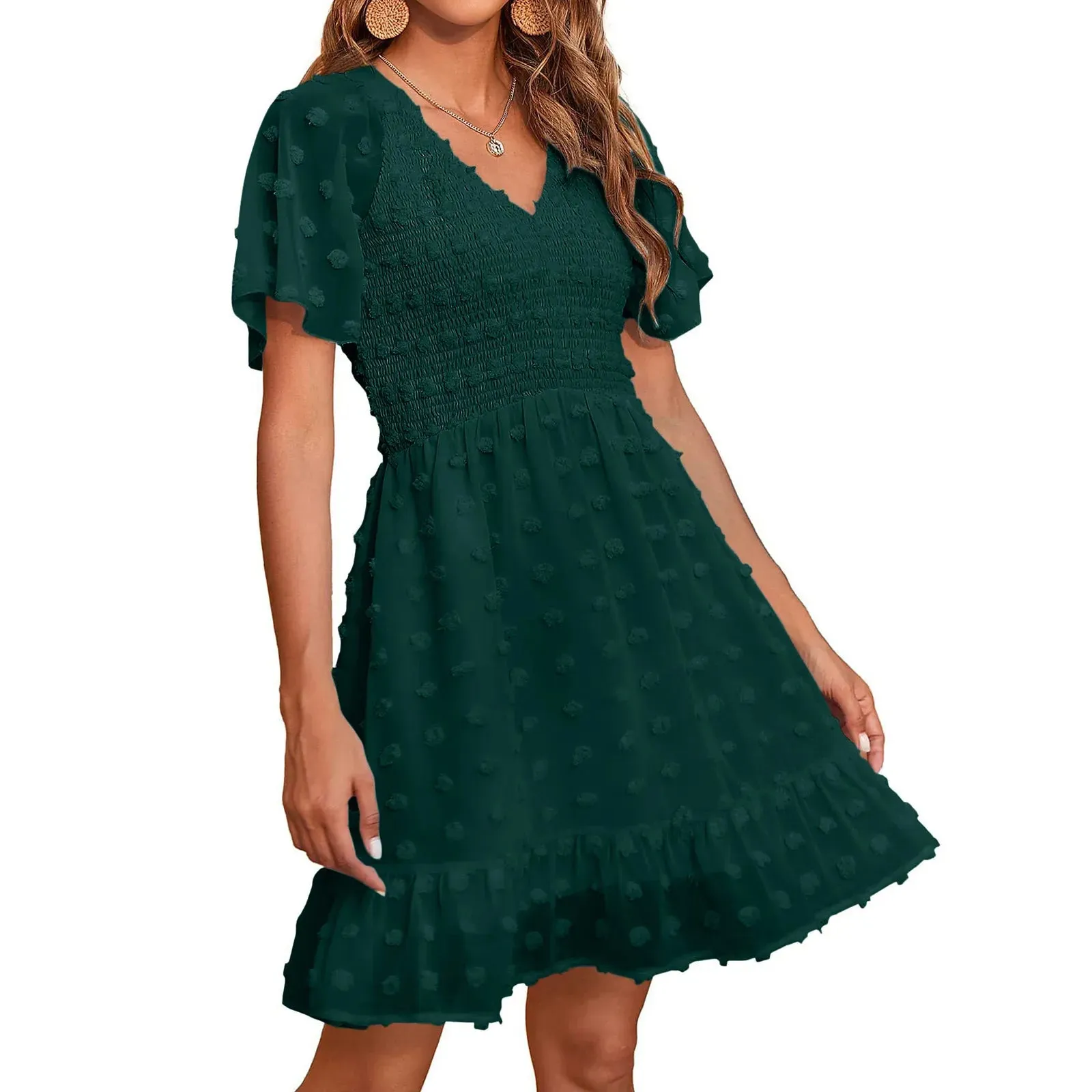 Neck Smocked Short Sleeve Casual Dot Swing Flowy Ruffle Hem Summer Midi V Dress