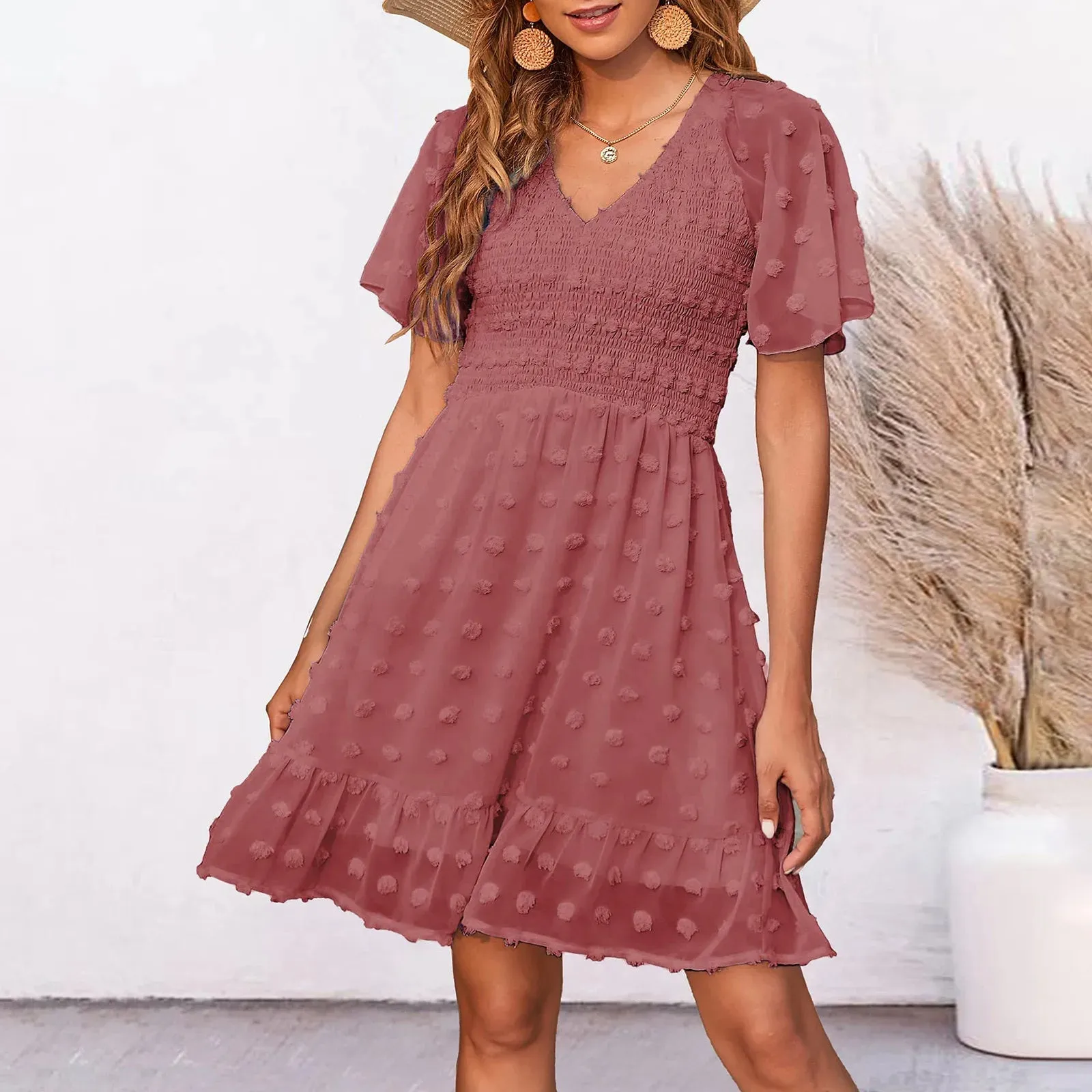 Neck Smocked Short Sleeve Casual Dot Swing Flowy Ruffle Hem Summer Midi V Dress