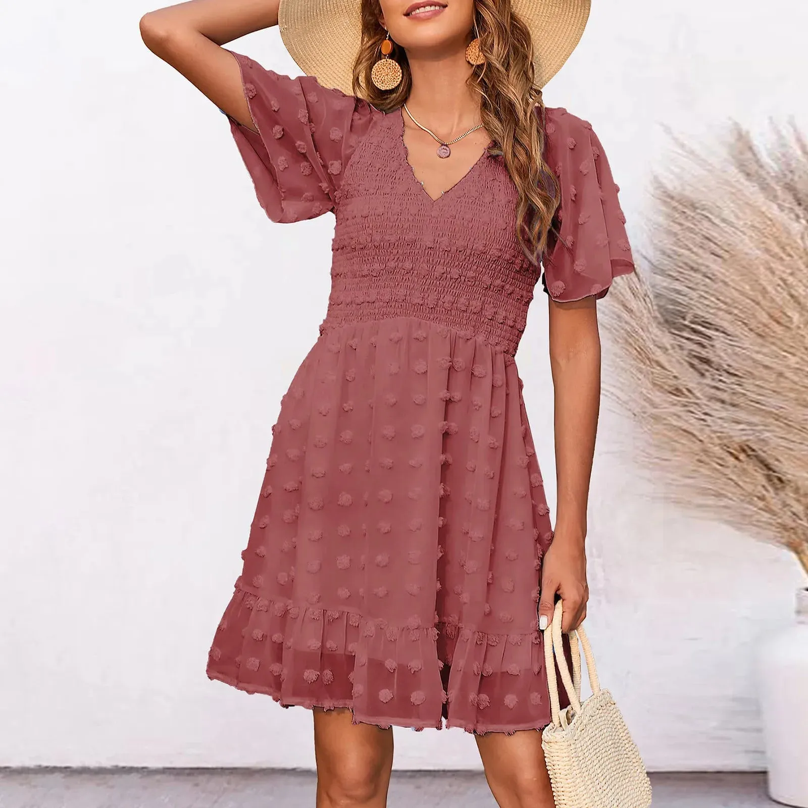 Neck Smocked Short Sleeve Casual Dot Swing Flowy Ruffle Hem Summer Midi V Dress
