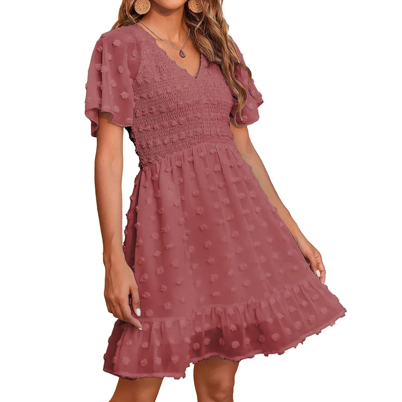 Neck Smocked Short Sleeve Casual Dot Swing Flowy Ruffle Hem Summer Midi V Dress