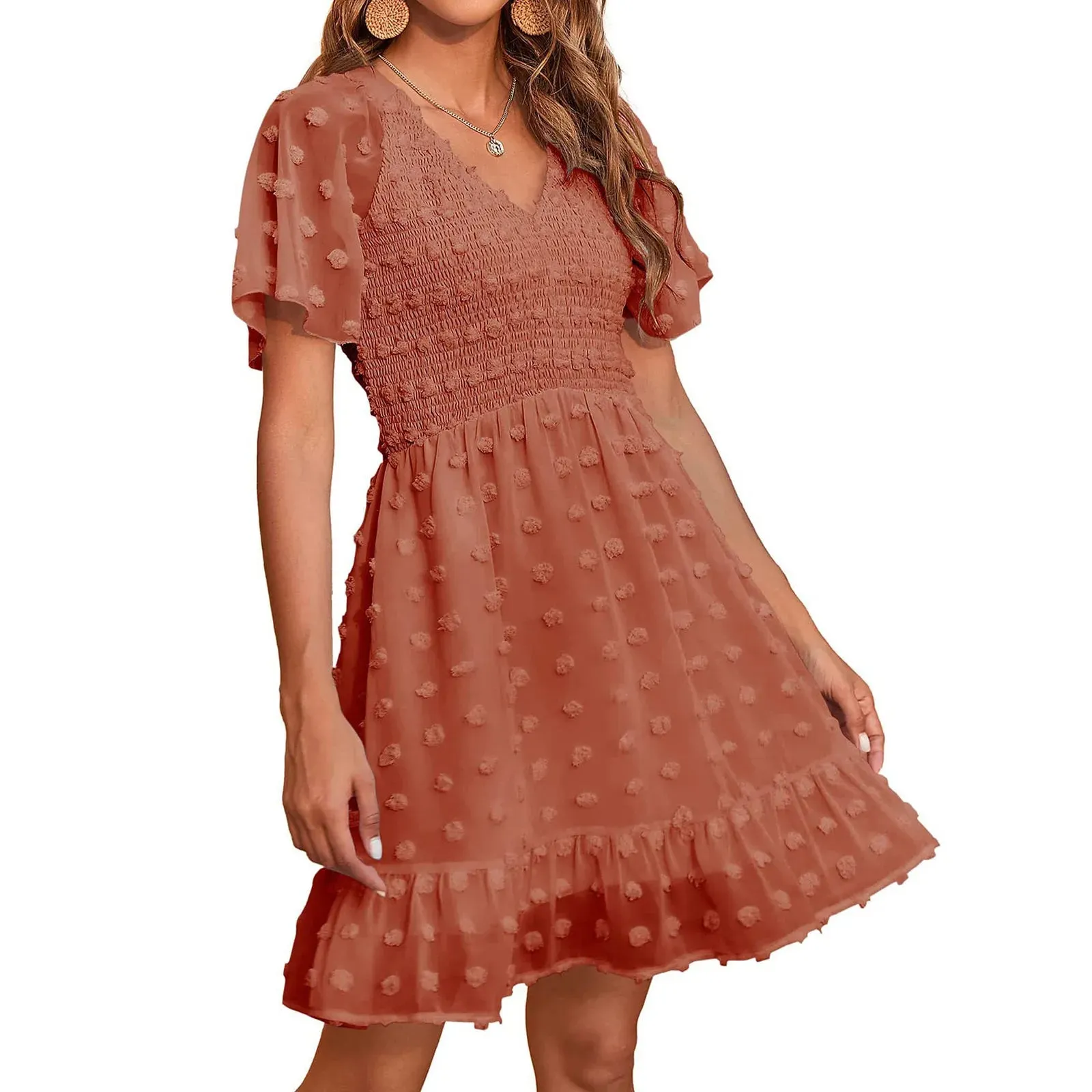 Neck Smocked Short Sleeve Casual Dot Swing Flowy Ruffle Hem Summer Midi V Dress