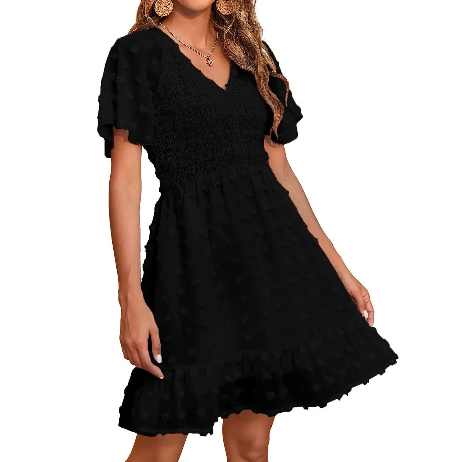 Neck Smocked Short Sleeve Casual Dot Swing Flowy Ruffle Hem Summer Midi V Dress