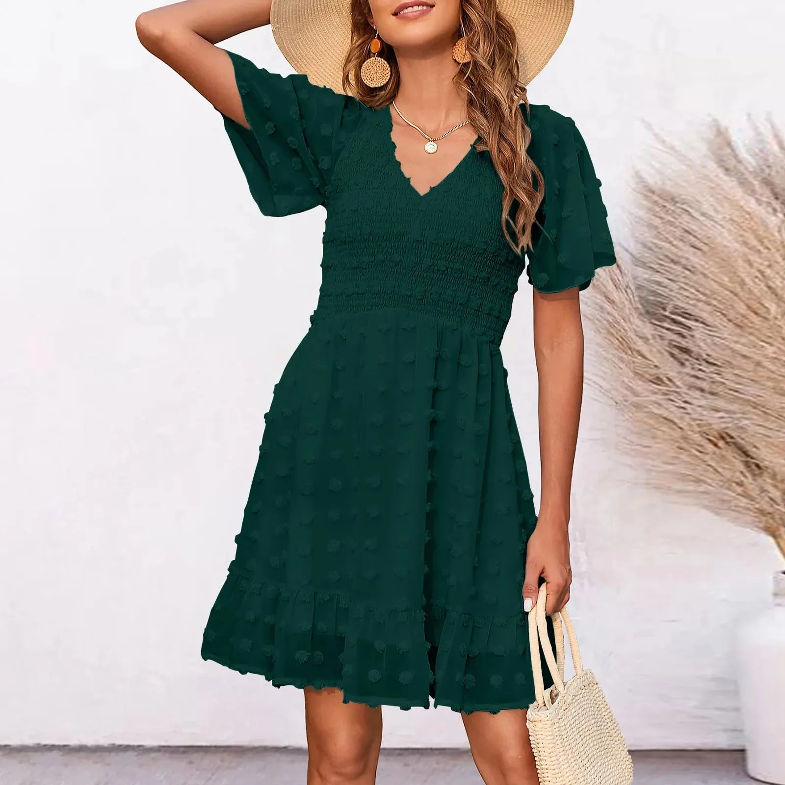 Neck Smocked Short Sleeve Casual Dot Swing Flowy Ruffle Hem Summer Midi V Dress