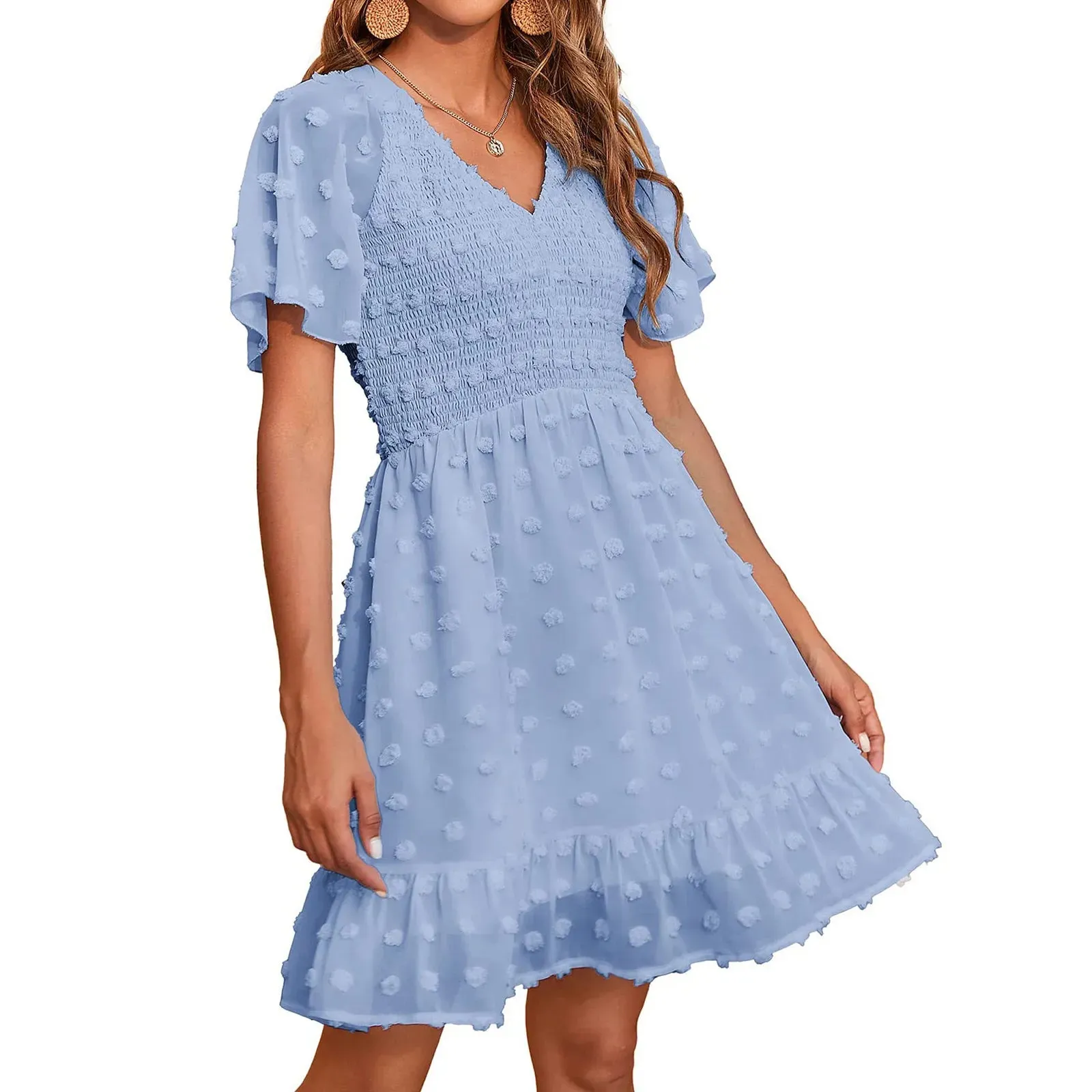 Neck Smocked Short Sleeve Casual Dot Swing Flowy Ruffle Hem Summer Midi V Dress