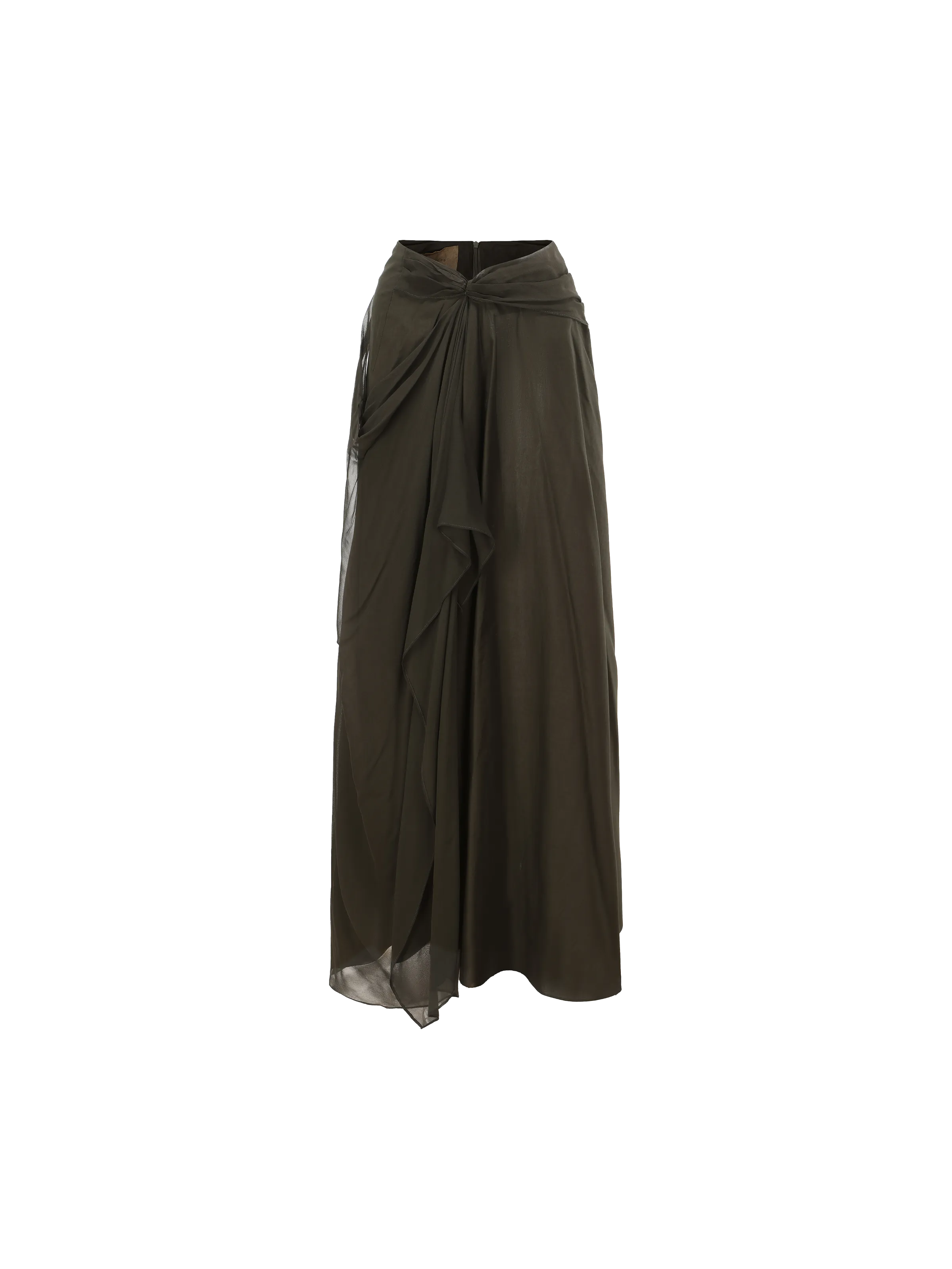 Olive Silk Draped Mid-Length Skirt