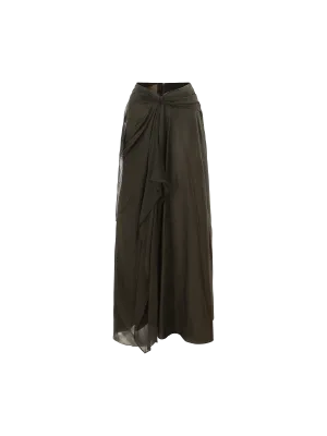 Olive Silk Draped Mid-Length Skirt