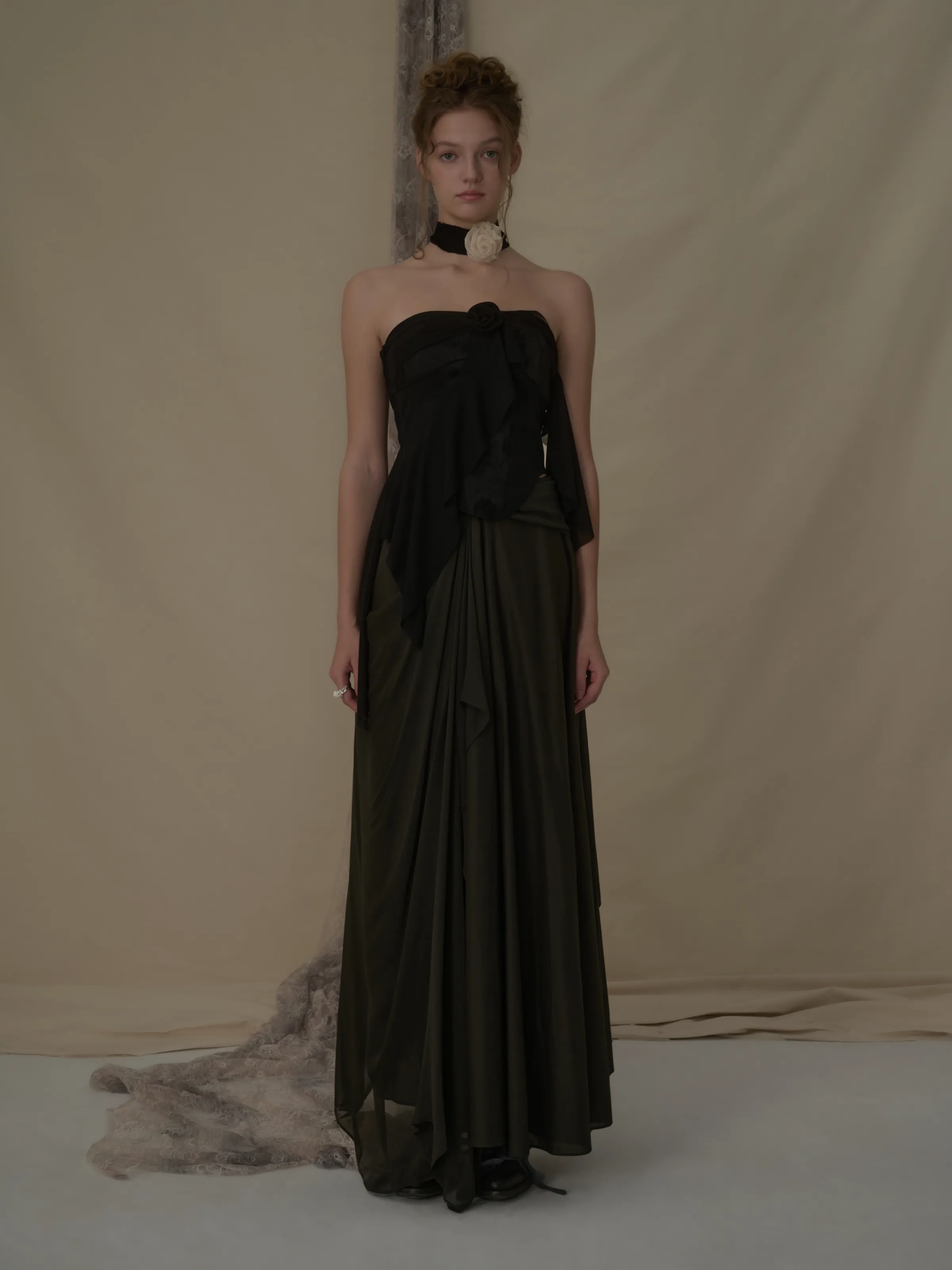 Olive Silk Draped Mid-Length Skirt