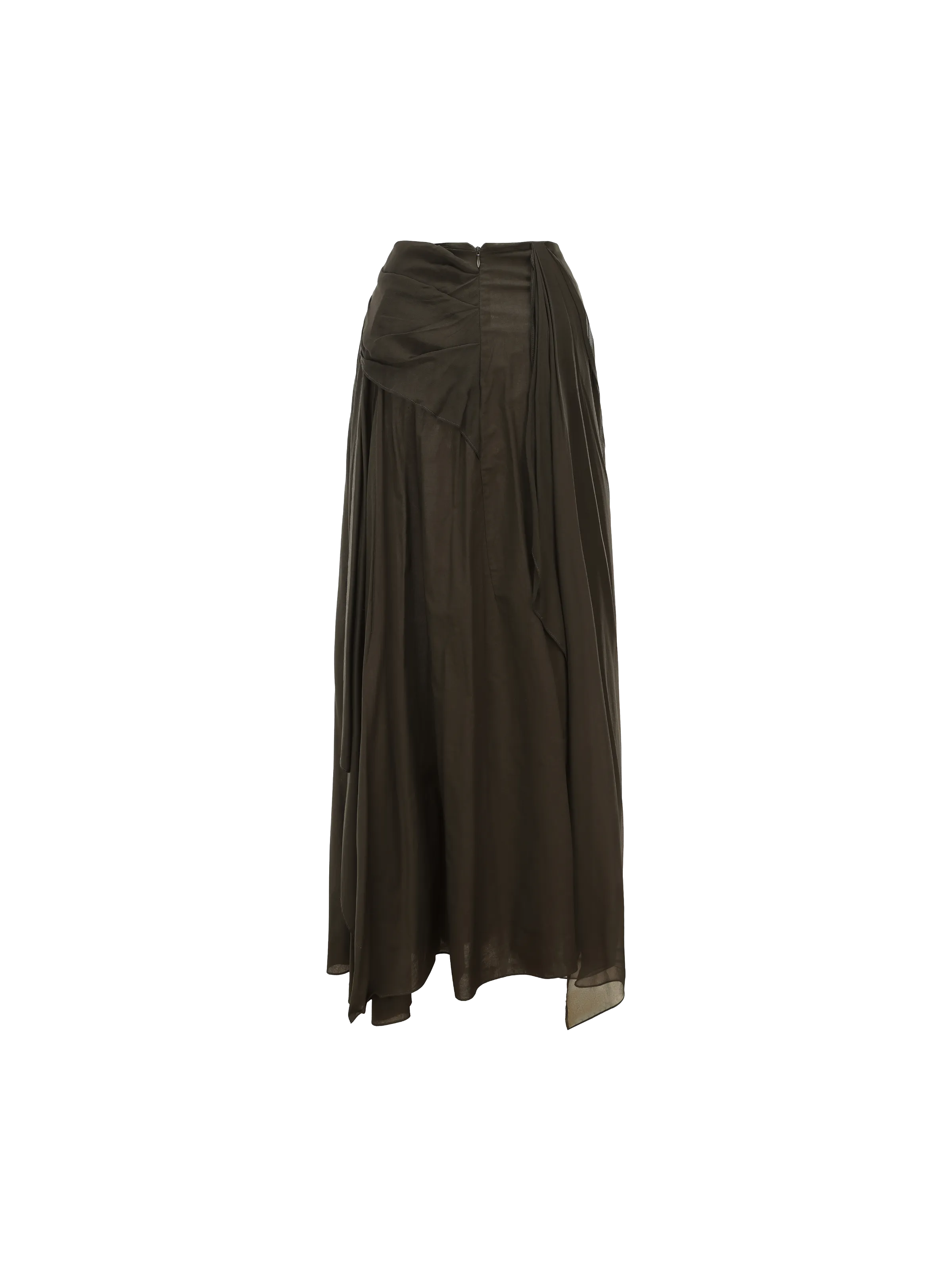 Olive Silk Draped Mid-Length Skirt