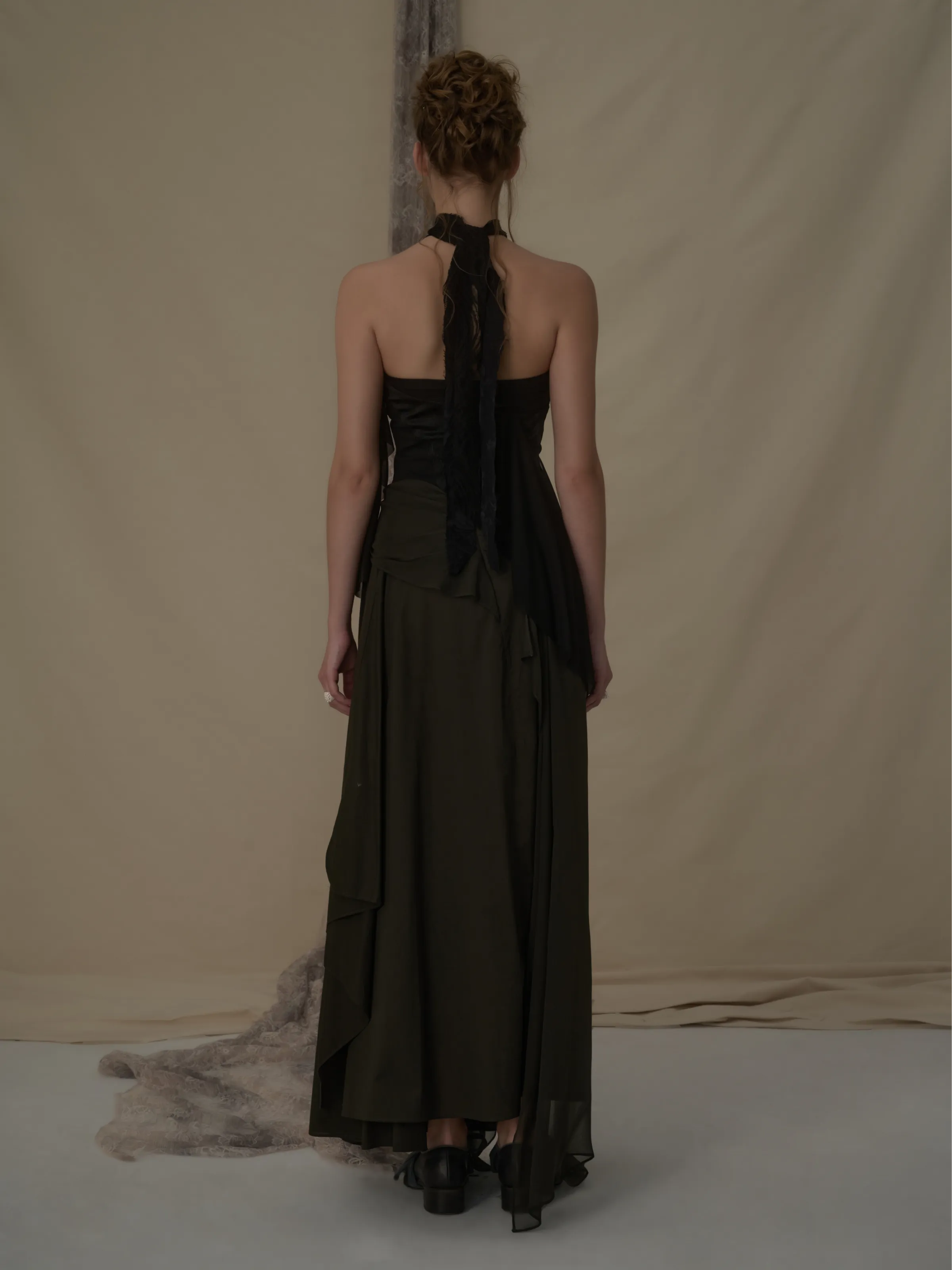 Olive Silk Draped Mid-Length Skirt