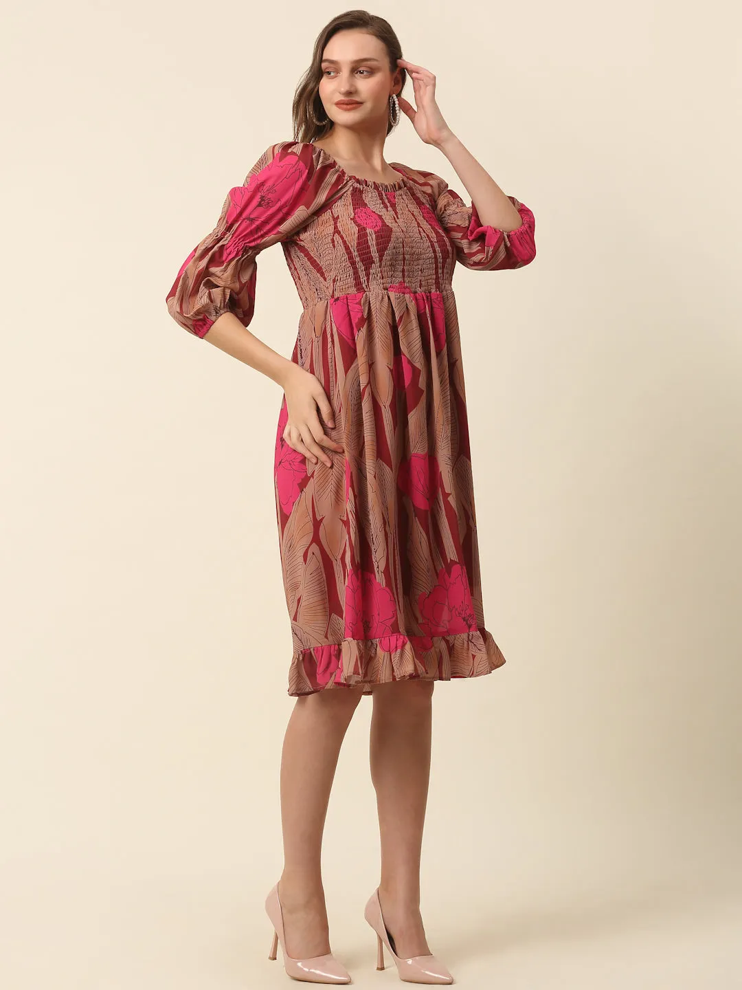 Pink & Brown Floral Printed Puff Sleeves Smocked A-Line Dress