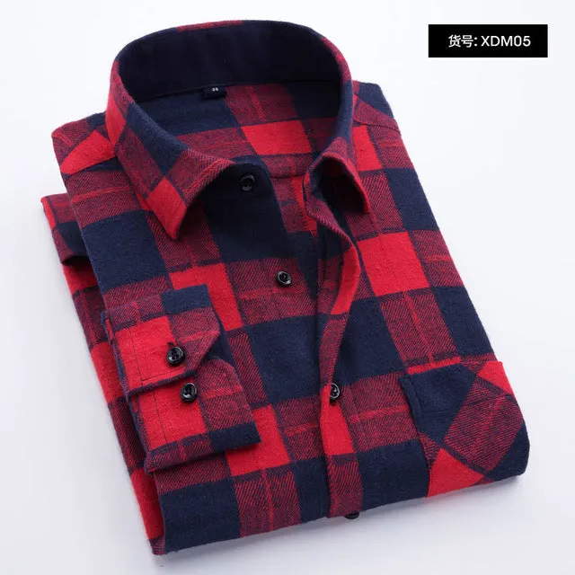 Plaid Shirt Autumn Flannel Red Checkered Shirt Men Long Sleeve