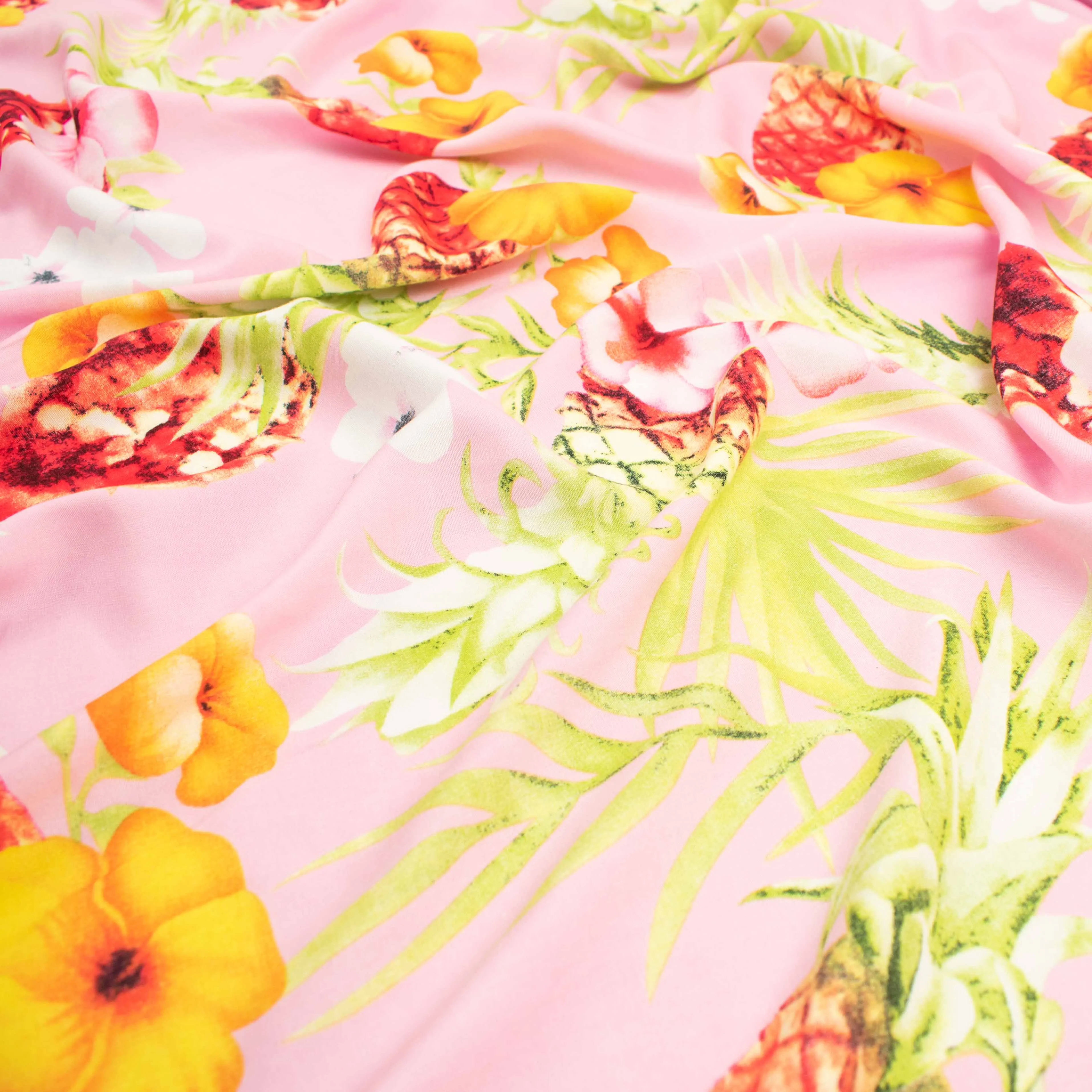 Printed Rayon Design-20 Yellow Flowers & Pineapple on Baby Pink