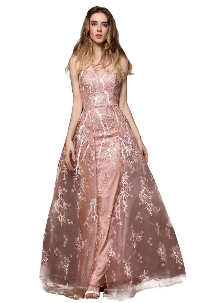 Romantic Straps Aline Evening Dress with Detachable Train Sleeveless Floor Length