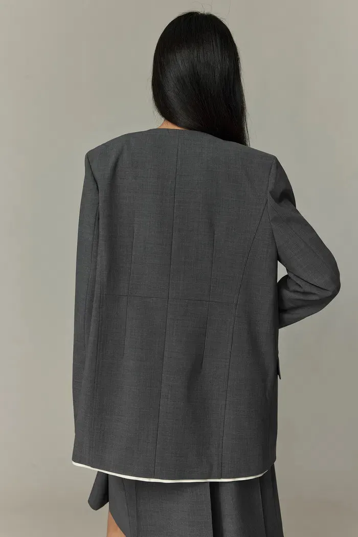 Silhouette Contrast Collarless Blazer in Fine Wool Blend