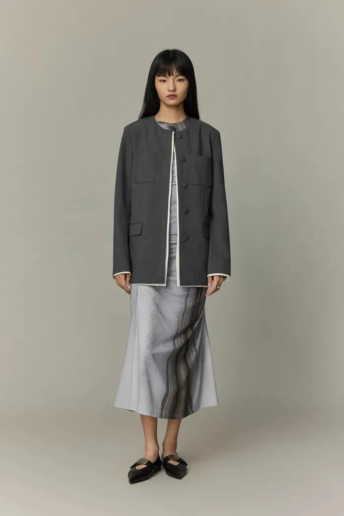 Silhouette Contrast Collarless Blazer in Fine Wool Blend