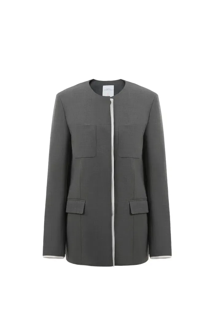 Silhouette Contrast Collarless Blazer in Fine Wool Blend